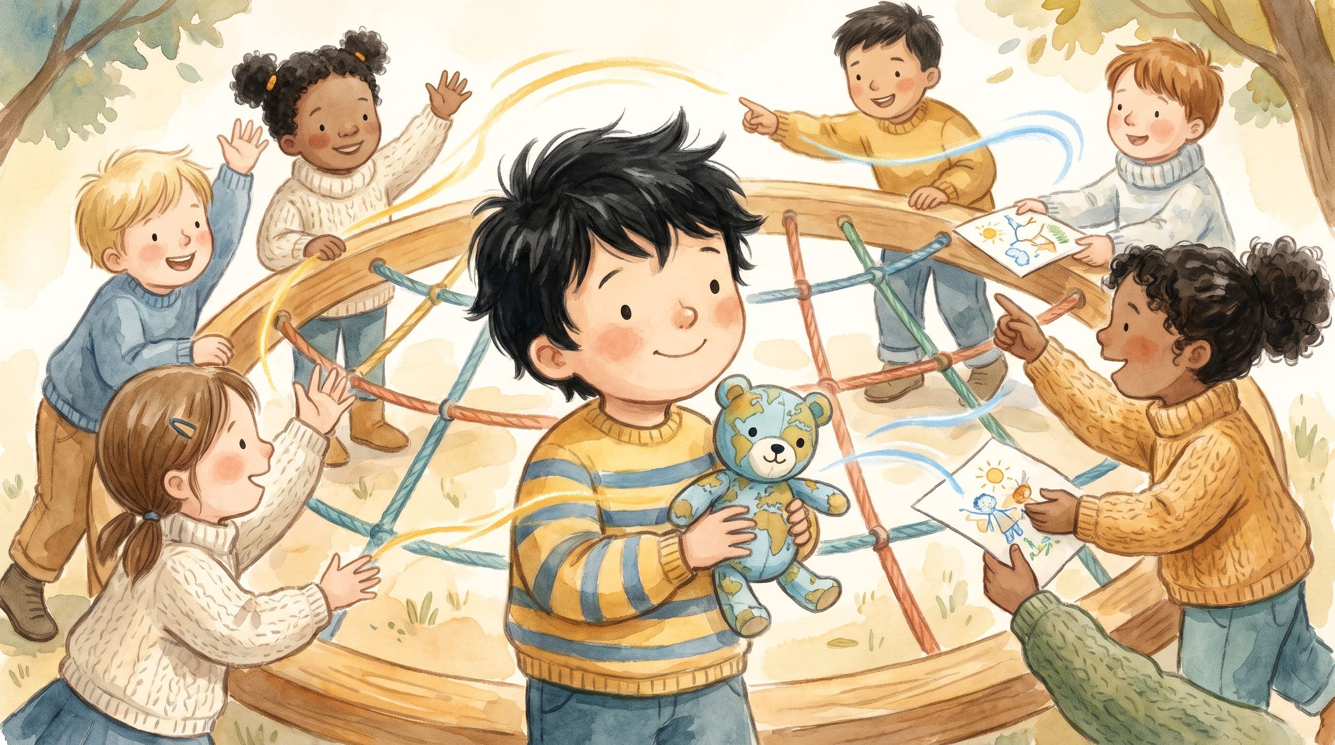 A boy happily connecting with friendly classmates across a language gap with a globe-patterned stuffed bear, in a warm storybook illustration