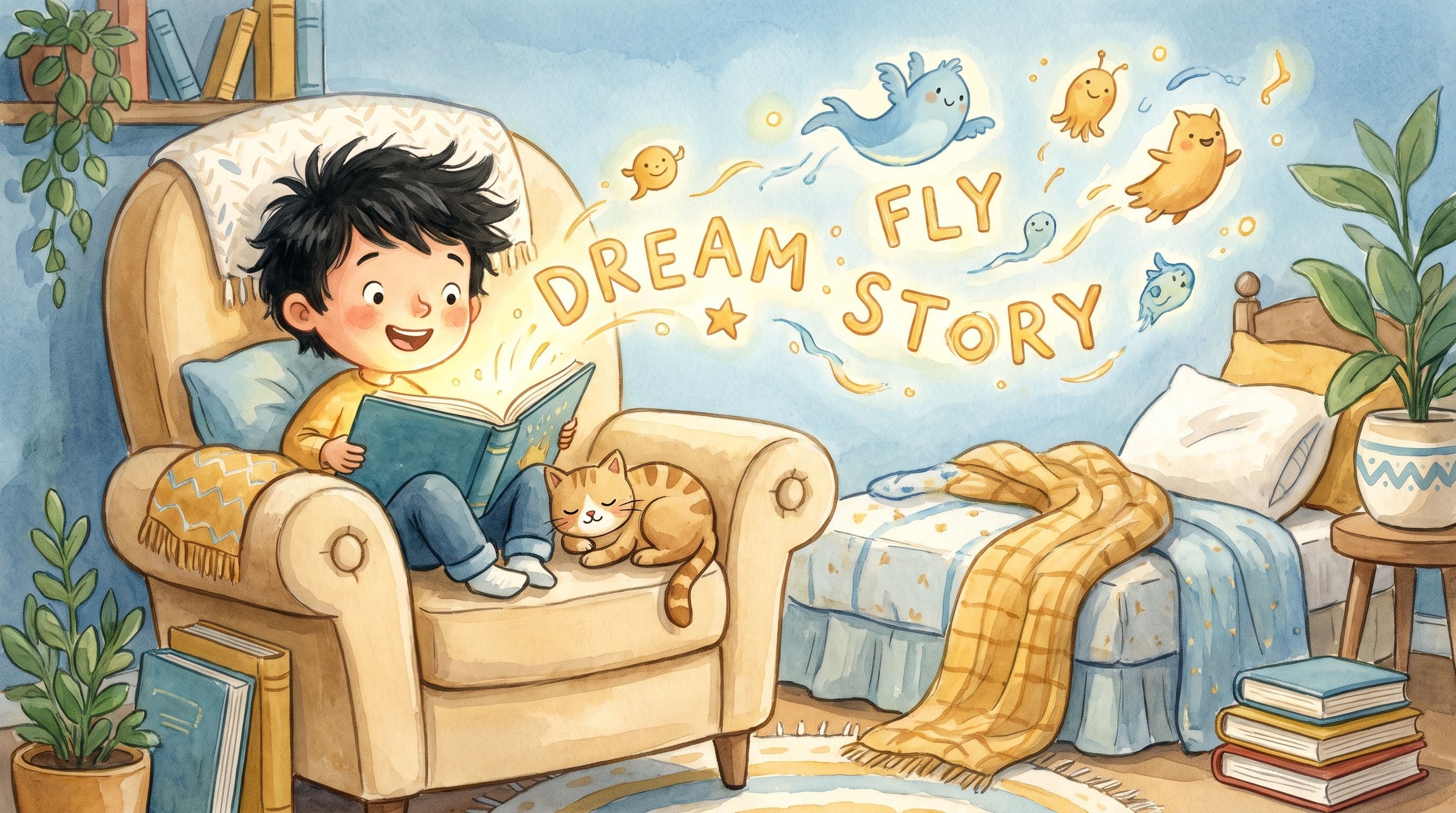A delighted boy reading a picture book with gently glowing letters and a stuffed cat, in a warm storybook illustration