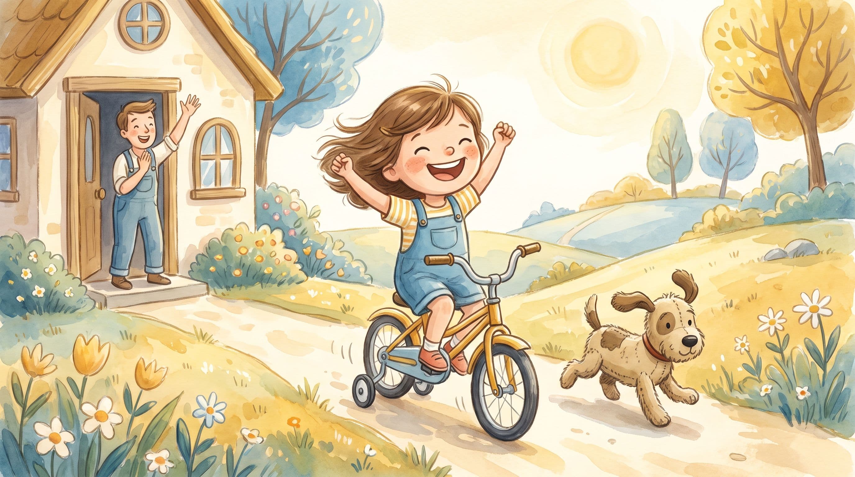 A triumphant girl riding a bike with training wheels off for the first time as a parent cheers, with a stuffed dog, in a warm storybook illustration