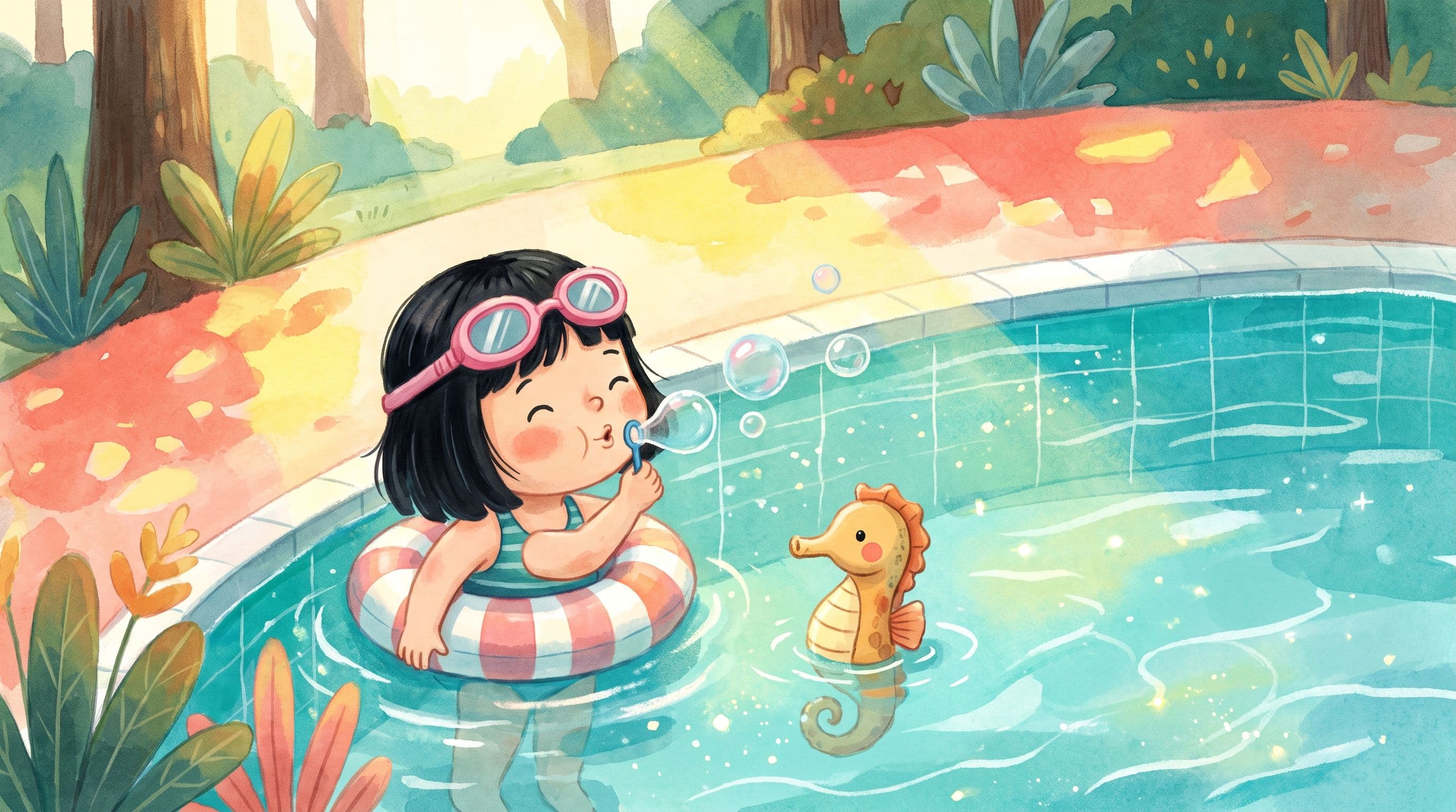 A joyful girl putting her face in the water at a sunny pool with a stuffed seahorse, in a warm storybook illustration