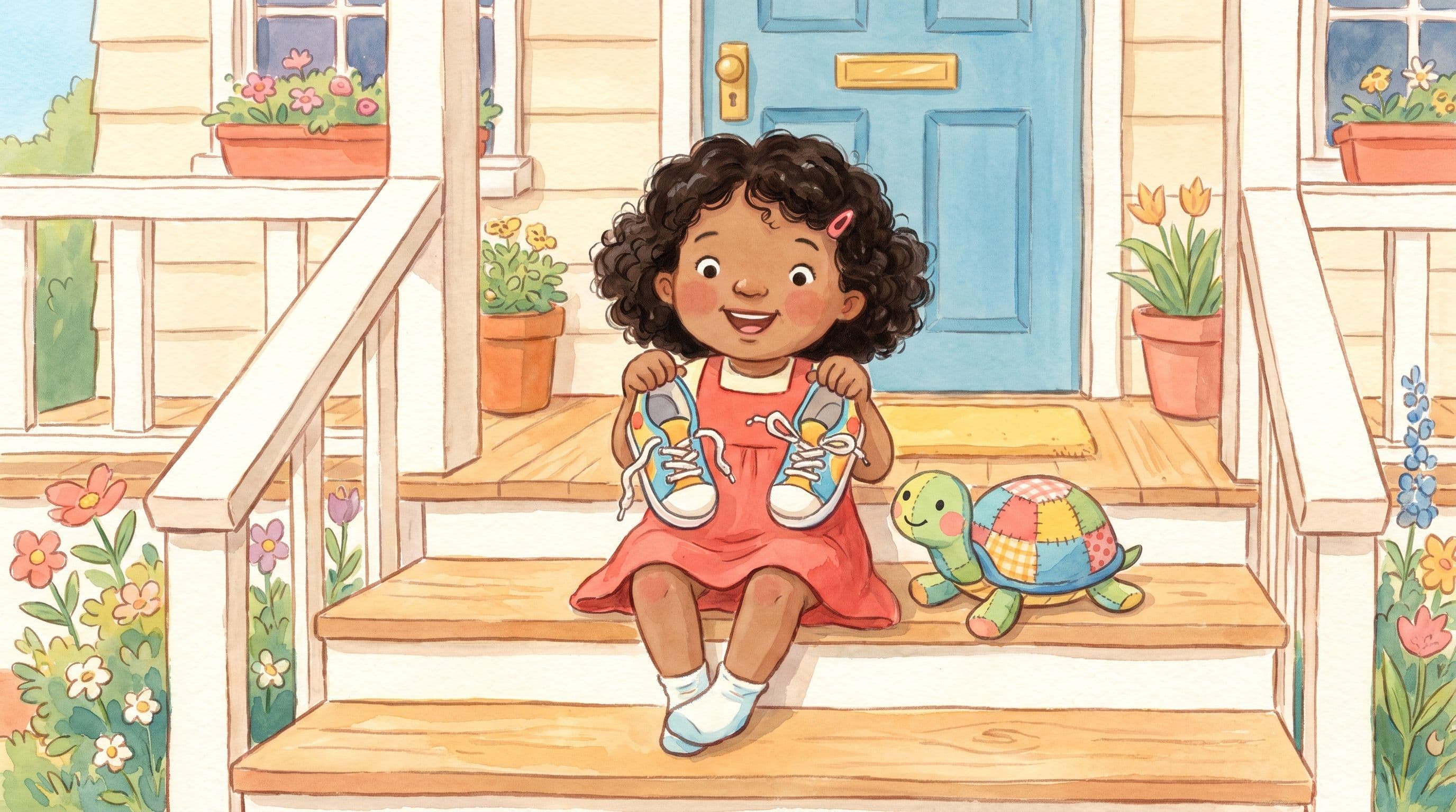 A proud girl showing off her own tied shoelaces on the front steps with a stuffed turtle, in a warm storybook illustration