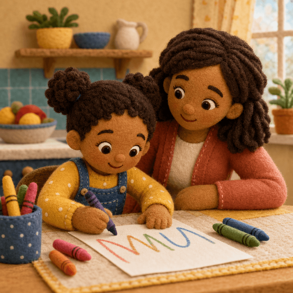 A young girl in pigtails writes wobbly rainbow letters with crayons at the kitchen table while her mother watches proudly, in a warm plush felt storybook illustration