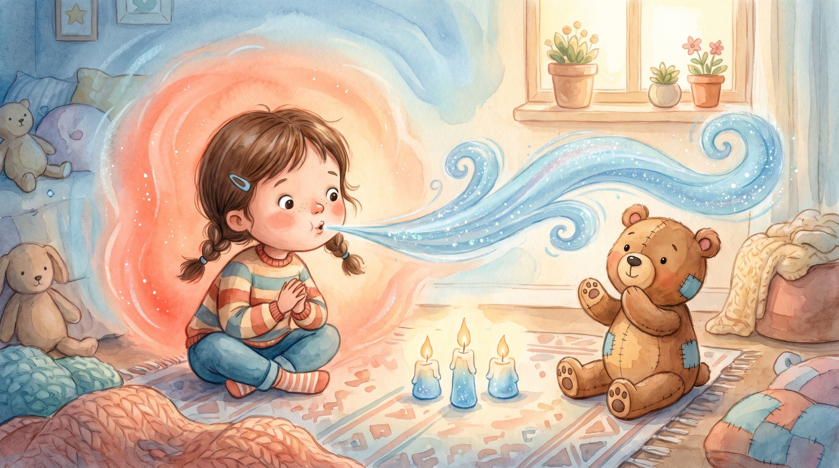 A girl calming her anger with a slow candle-blowing breath alongside a stuffed bear, in a warm storybook illustration