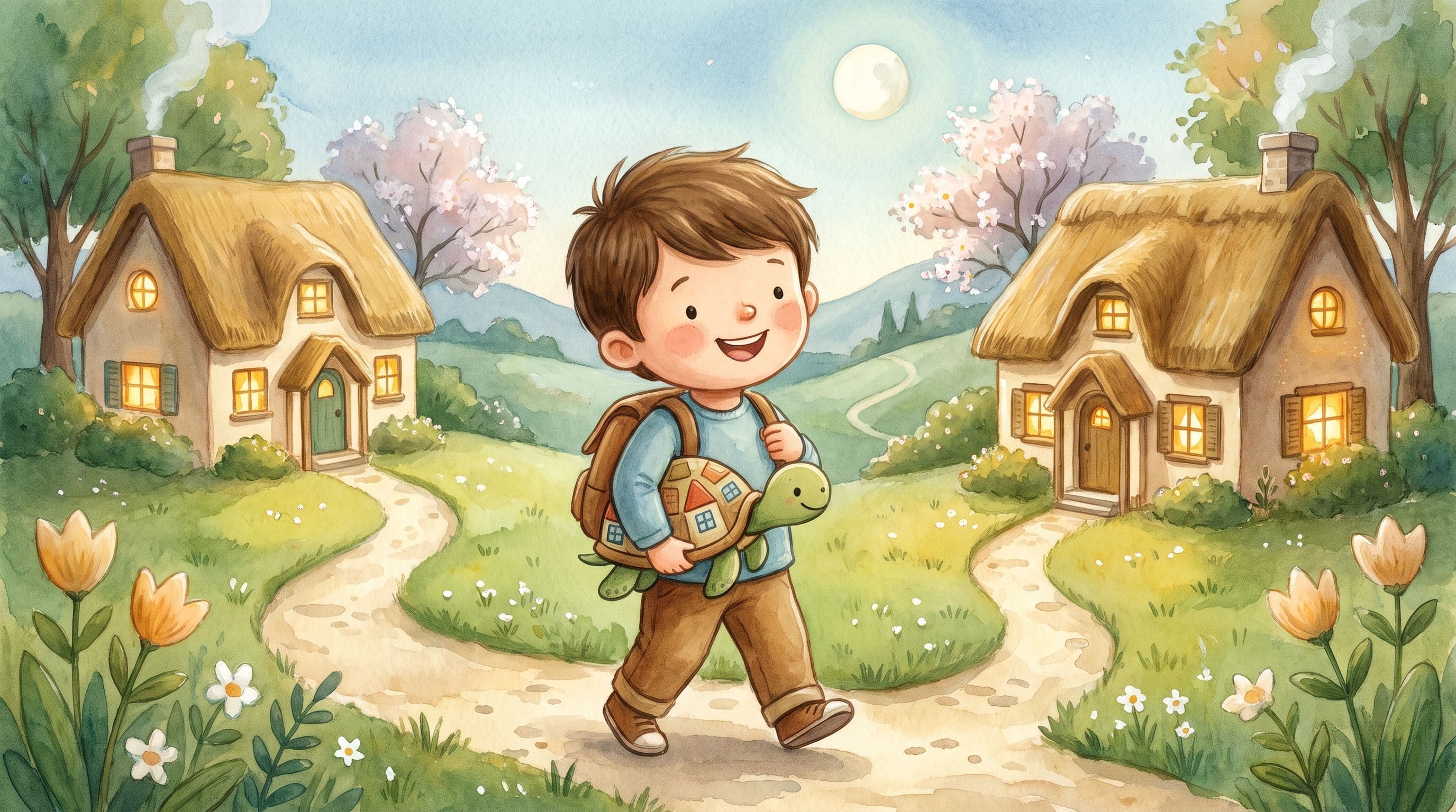 A cheerful boy with a backpack walking between two cozy welcoming homes holding a stuffed turtle, in a warm storybook illustration