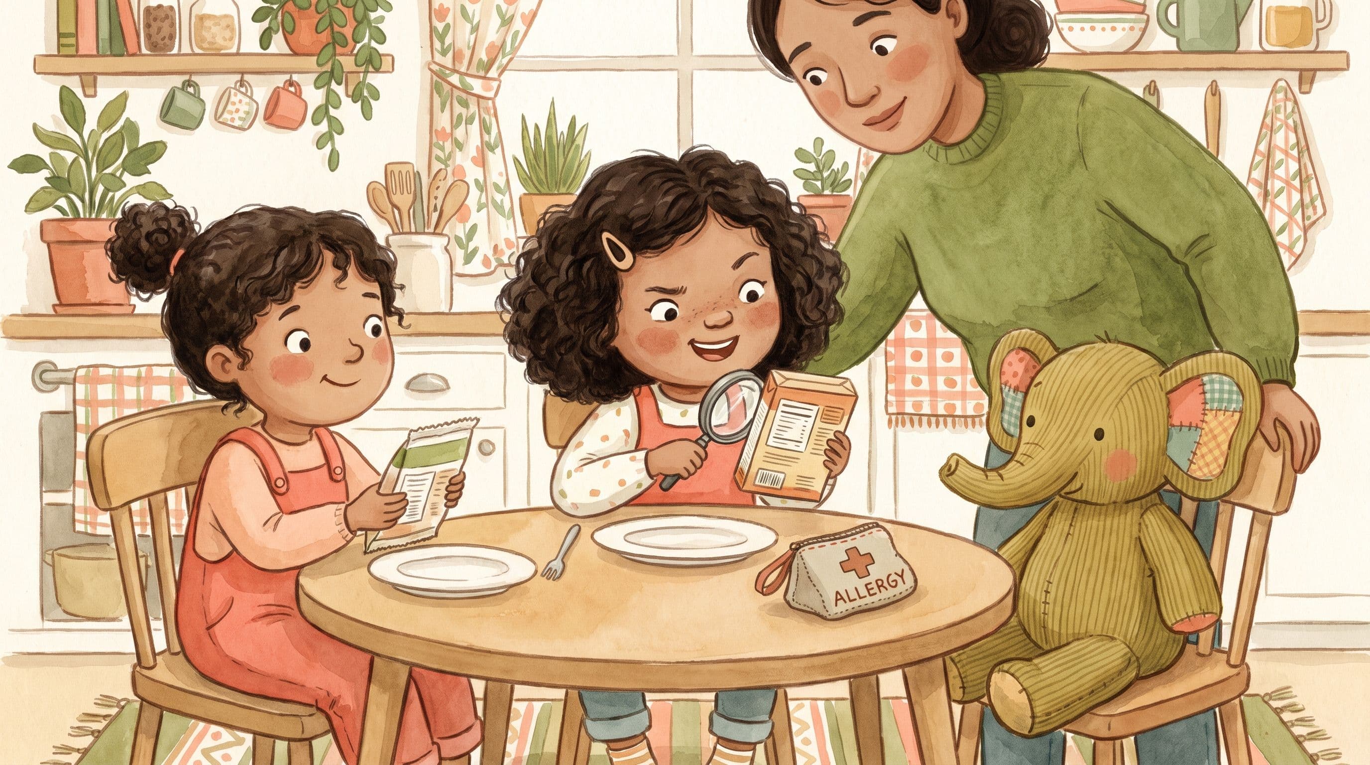 A confident girl checking a food label with a caring parent and a stuffed elephant, in a warm storybook illustration