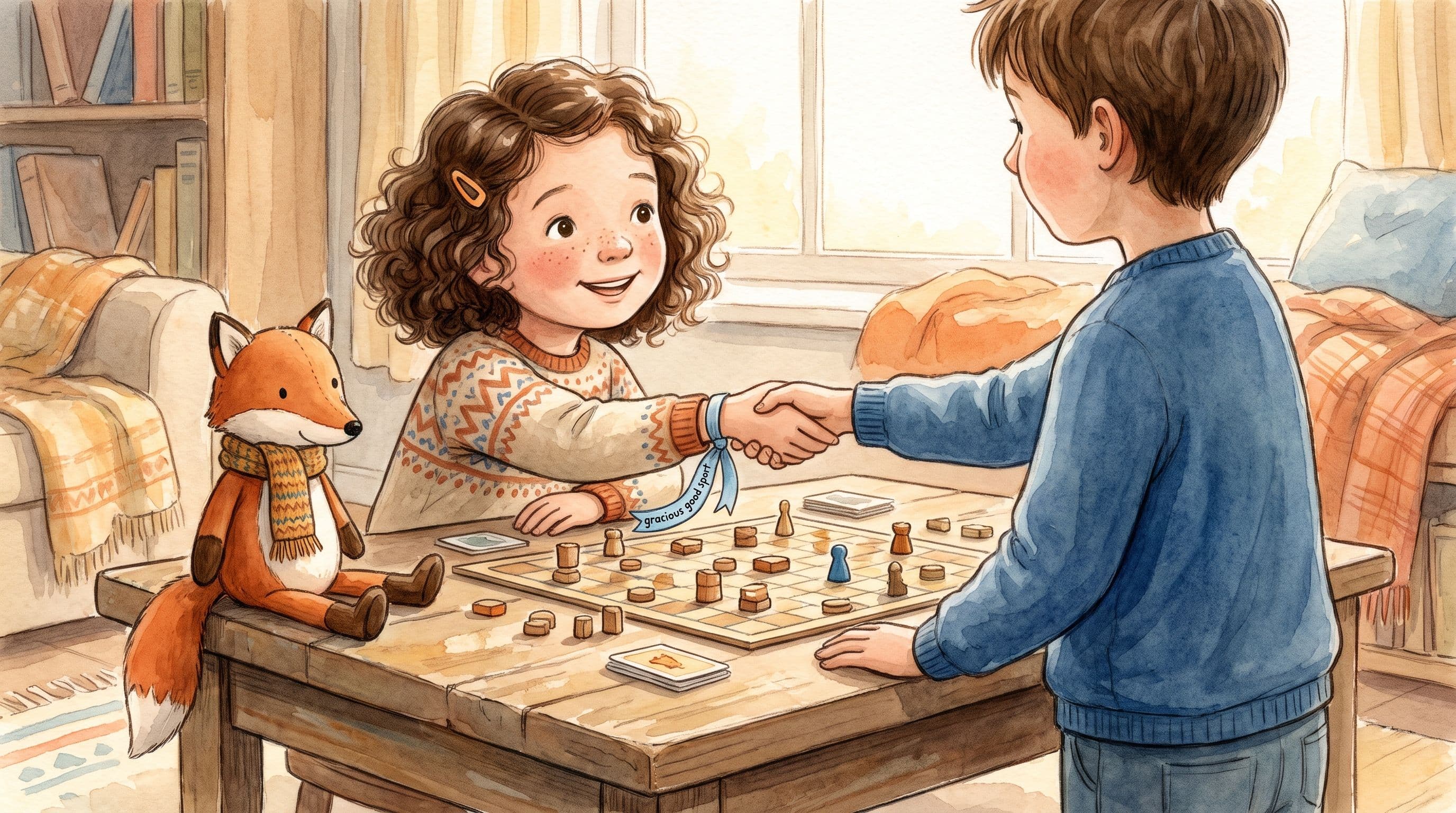 A girl smiling and shaking hands like a good sport after losing a board game, with a stuffed fox, in a warm storybook illustration