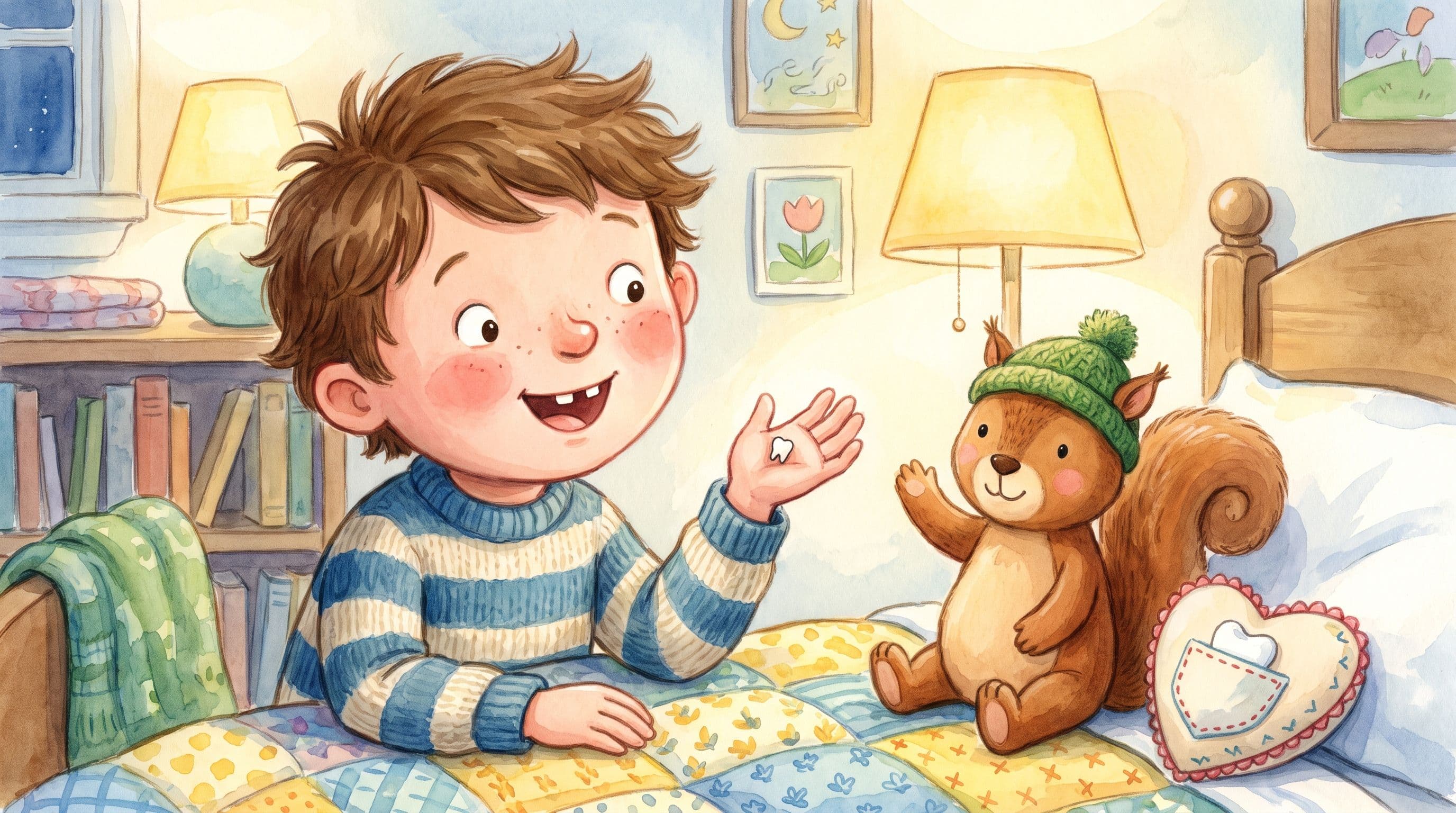 An excited boy with a gap-toothed grin holding his first lost tooth with a stuffed squirrel, in a warm storybook illustration