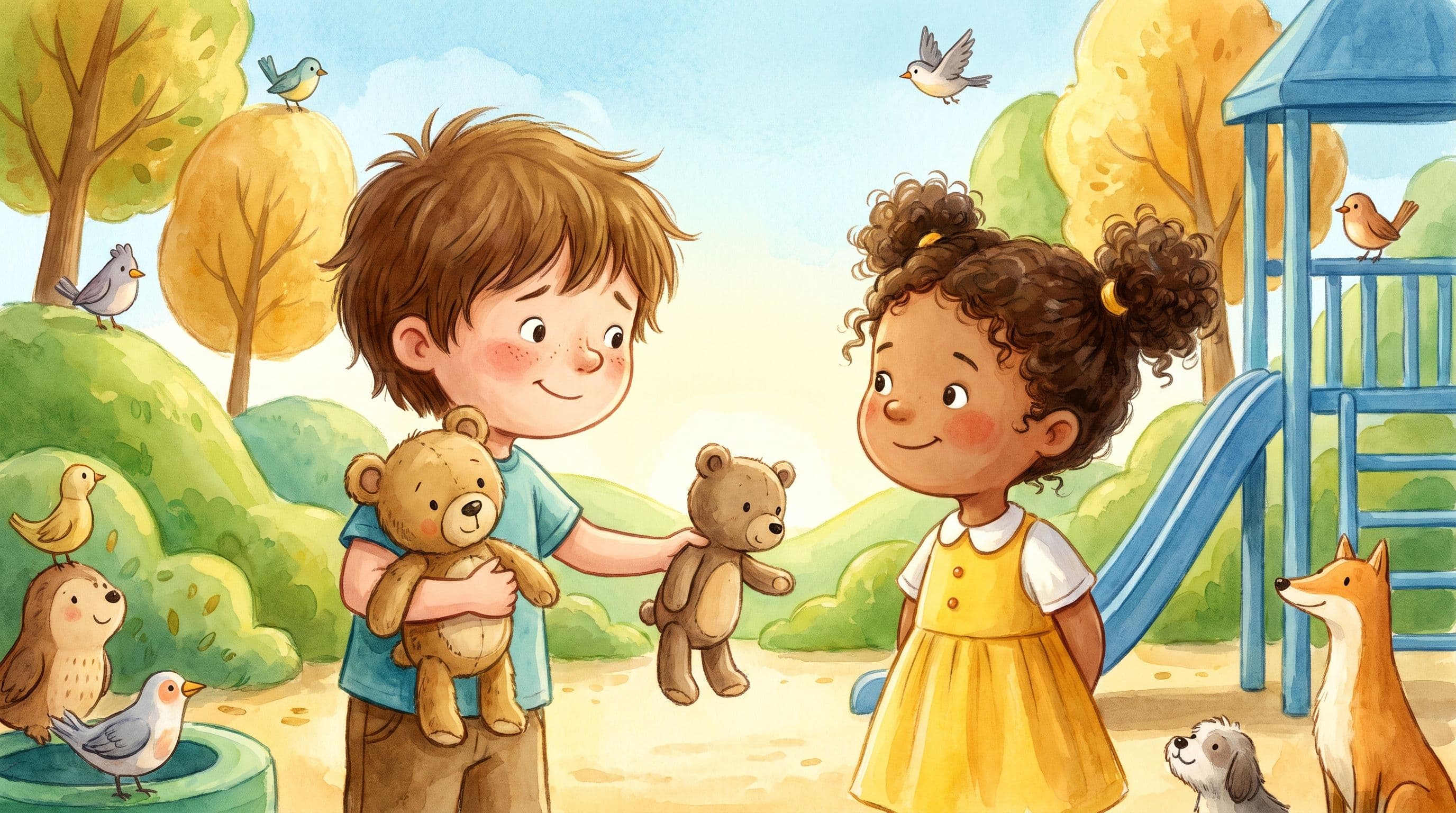 Two kids meeting on a playground and sharing a toy as a friendship begins, with a stuffed bear, in a warm storybook illustration