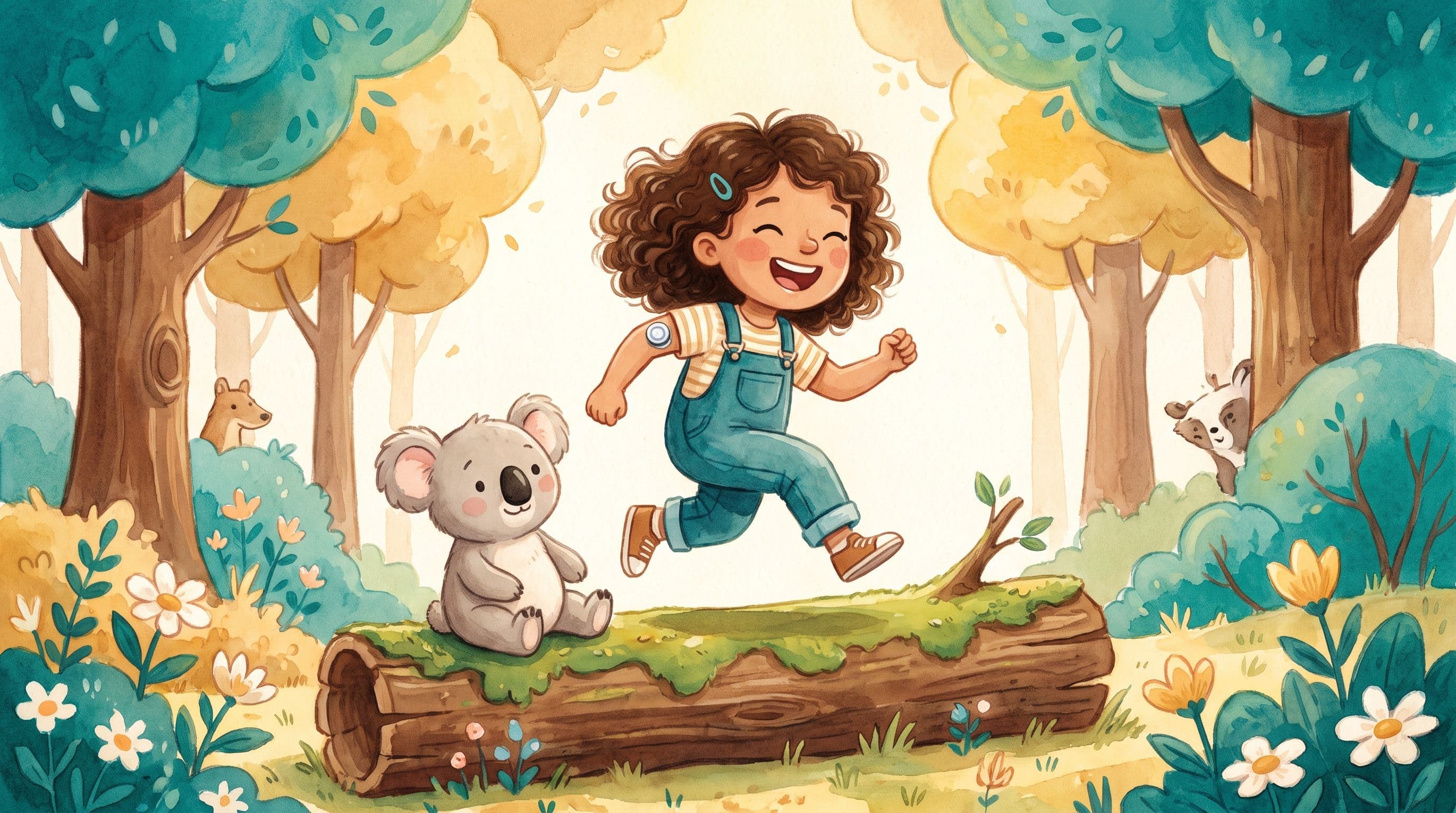 A happy active girl with a small glucose monitor on her arm playing with a stuffed koala, in a warm storybook illustration