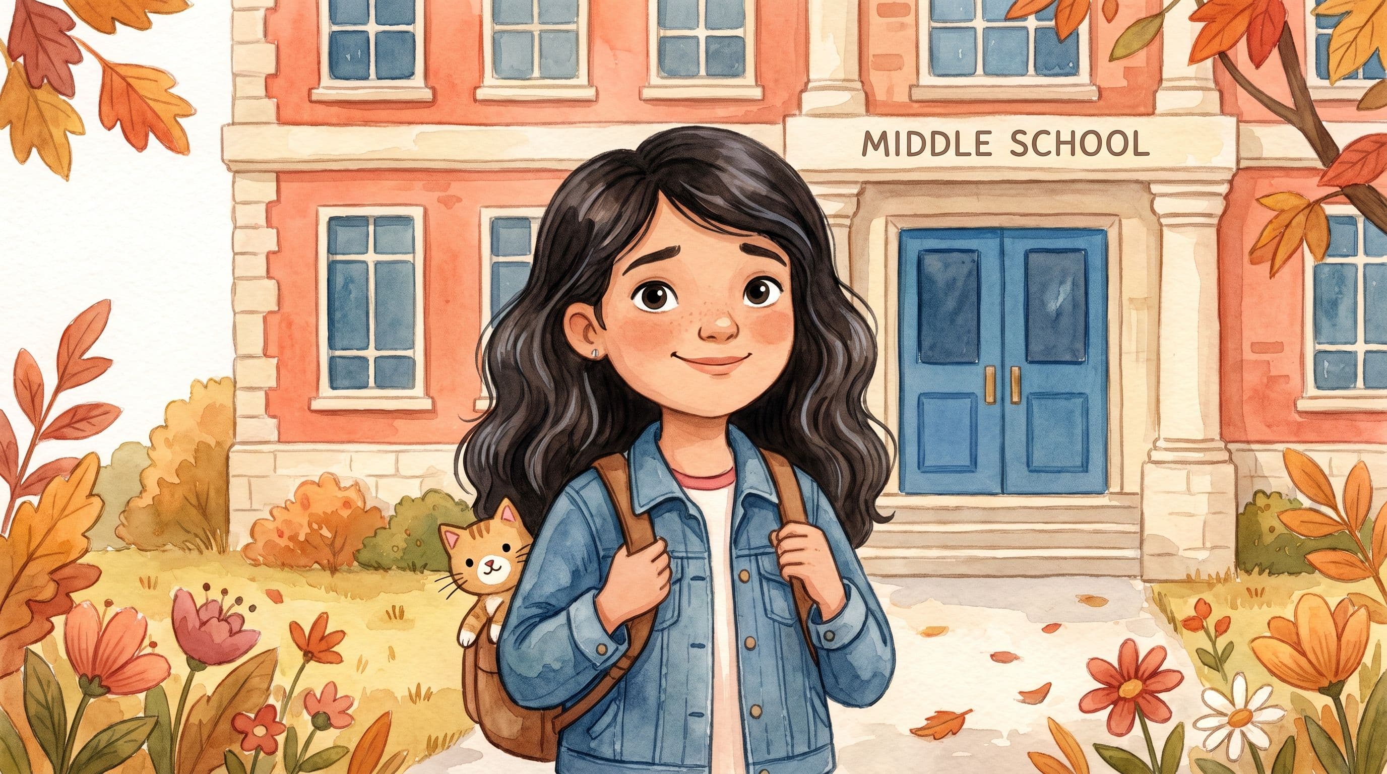 A brave older child with a backpack in front of a middle school building with a stuffed cat, in a warm storybook illustration