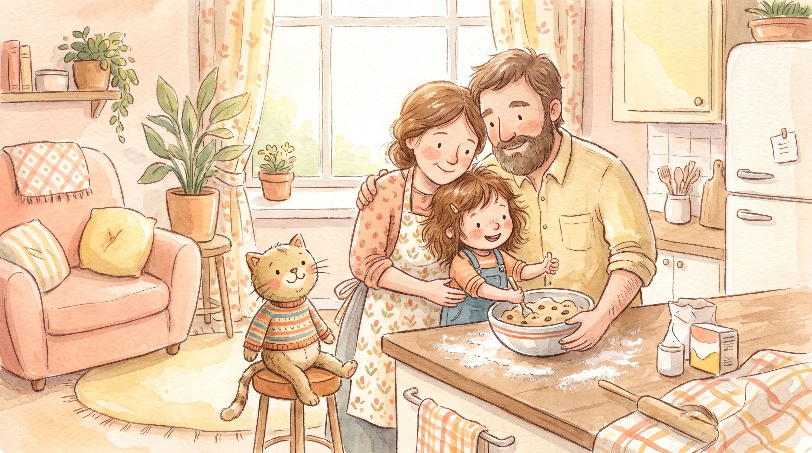 A girl and a kind new stepparent baking cookies together with a stuffed cat, in a warm storybook illustration