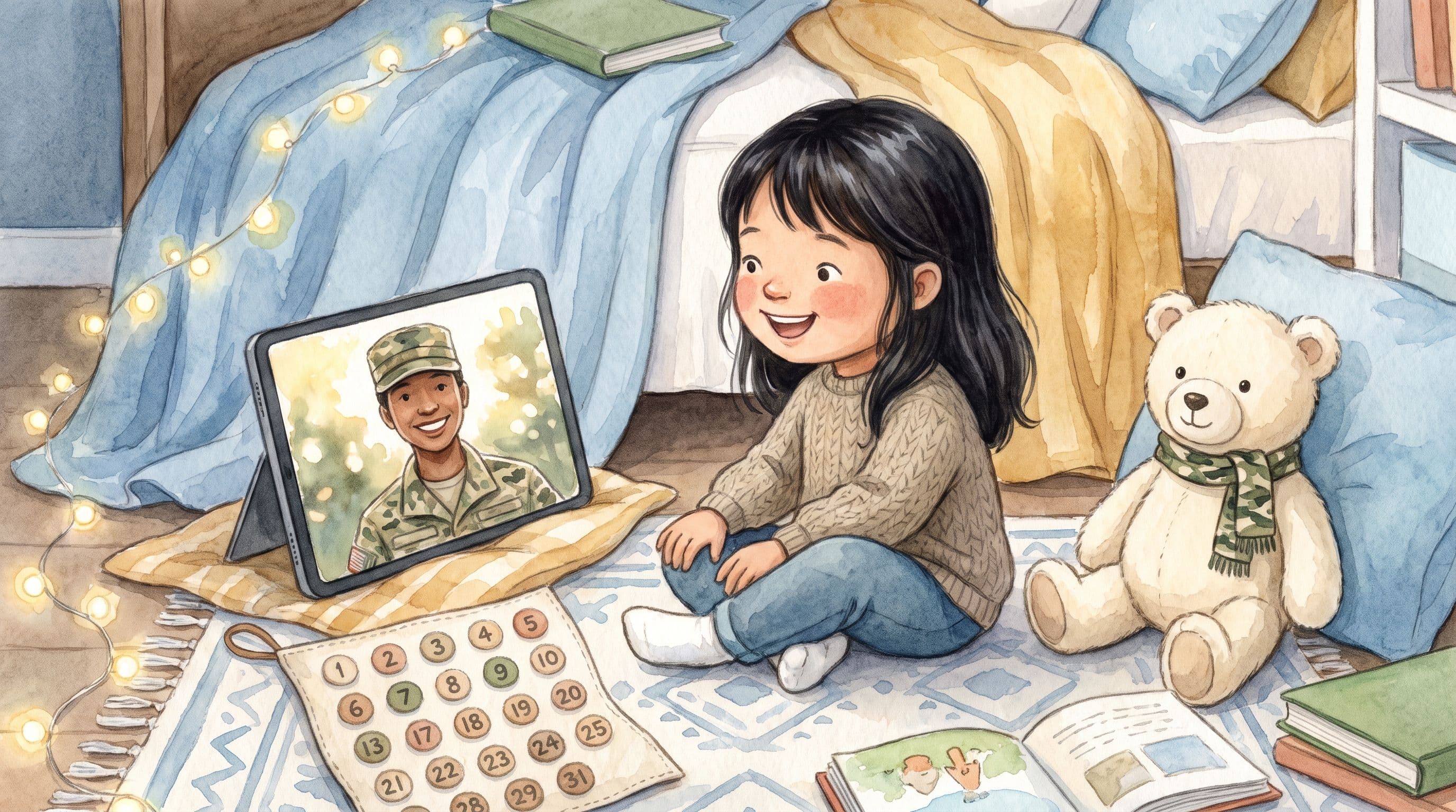 A girl on a video call with her deployed parent beside a countdown calendar and matching teddy bear, in a warm storybook illustration