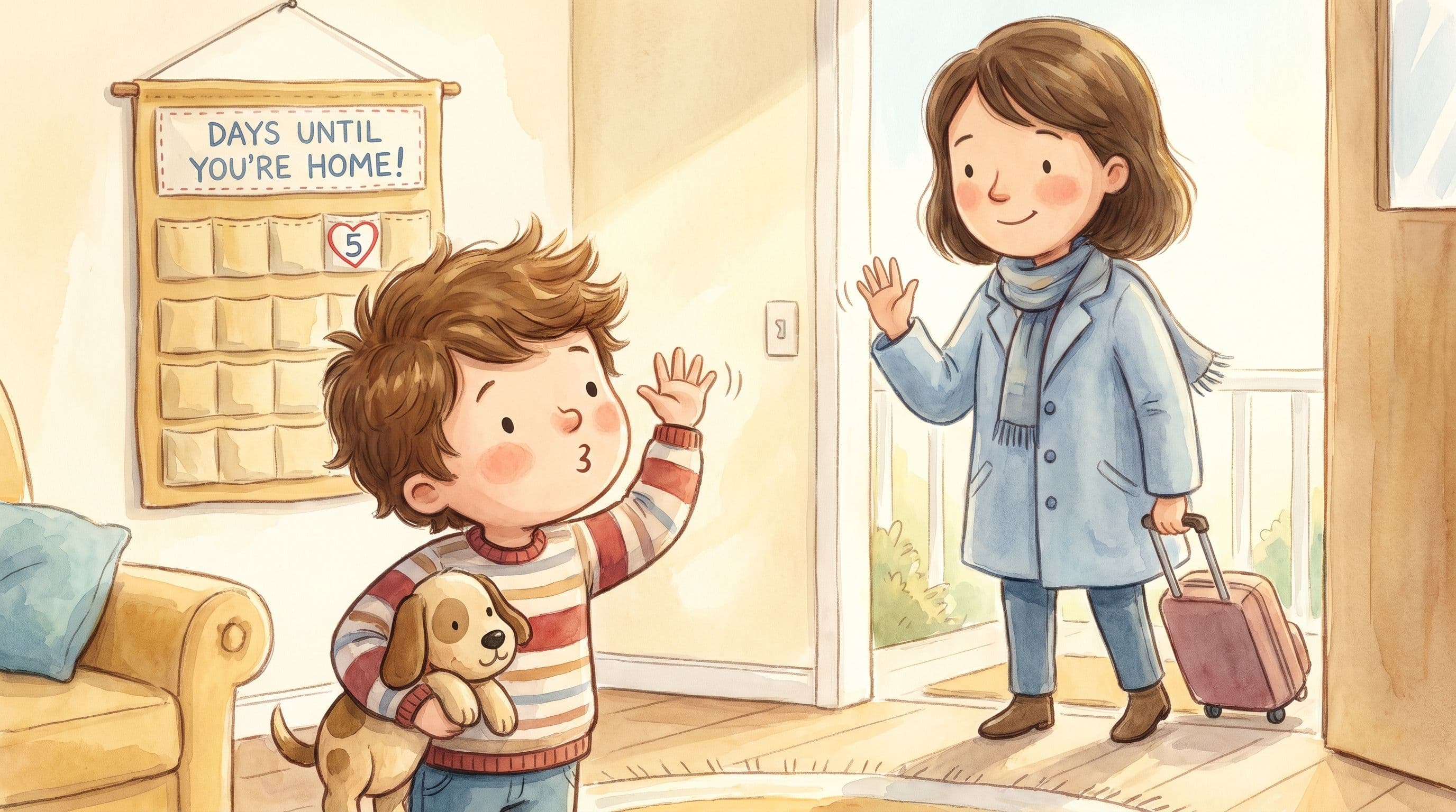 A boy waving warmly to a parent leaving on a work trip with a suitcase, a countdown calendar and stuffed dog nearby, in a warm storybook illustration