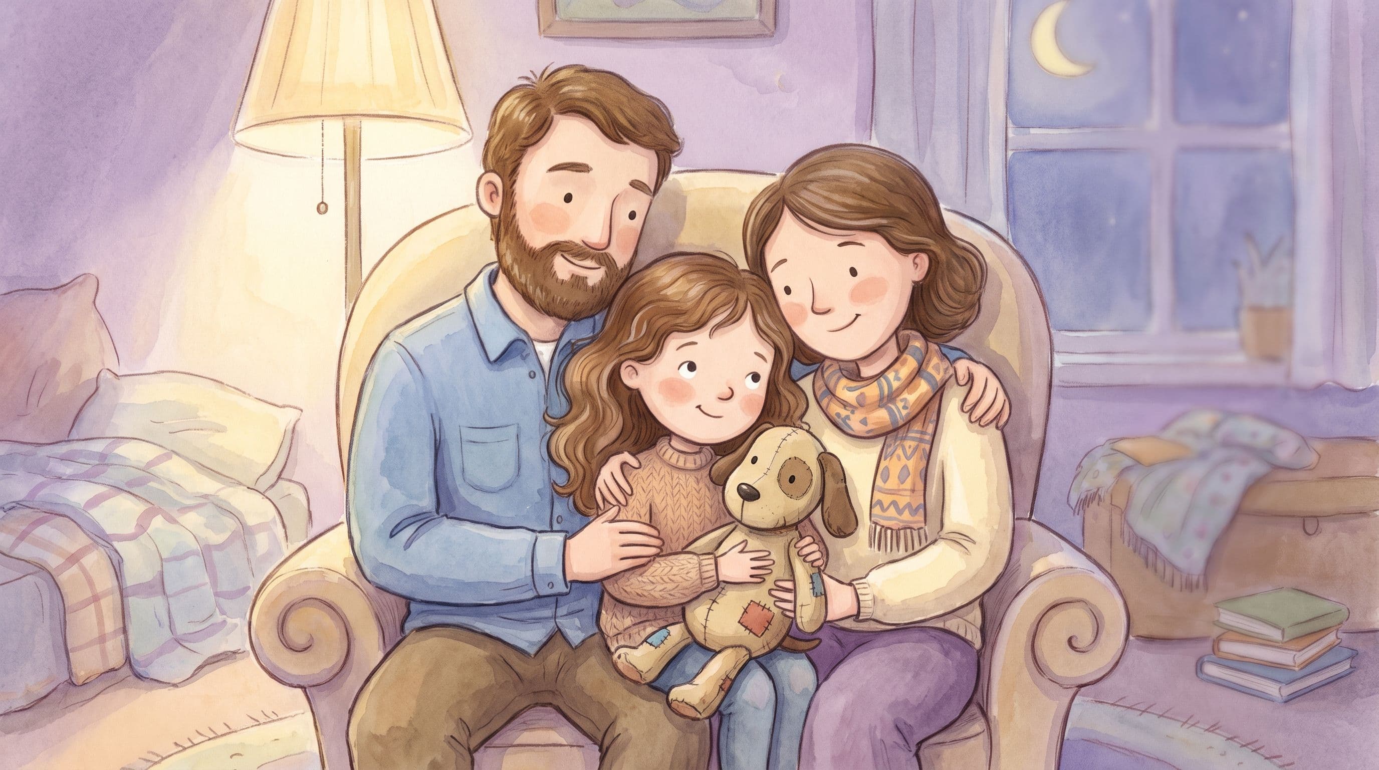 A girl feeling safe and loved between both parents holding a comforting stuffed dog, in a gentle storybook illustration