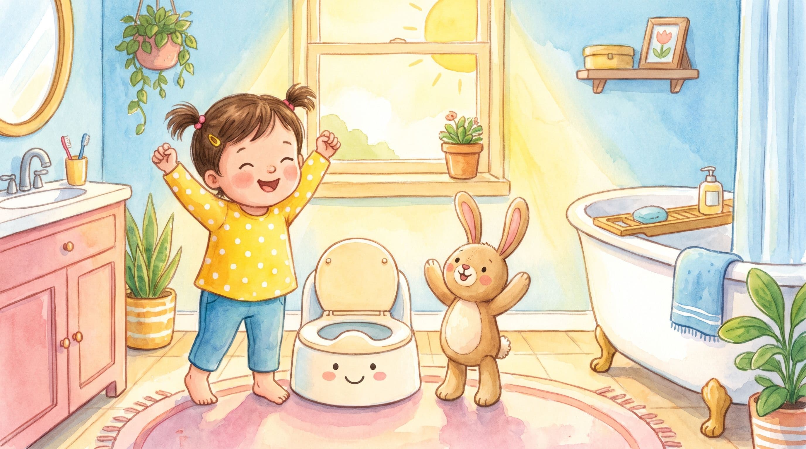 A proud toddler standing next to her potty with a stuffed bunny cheering her on, in a warm storybook illustration