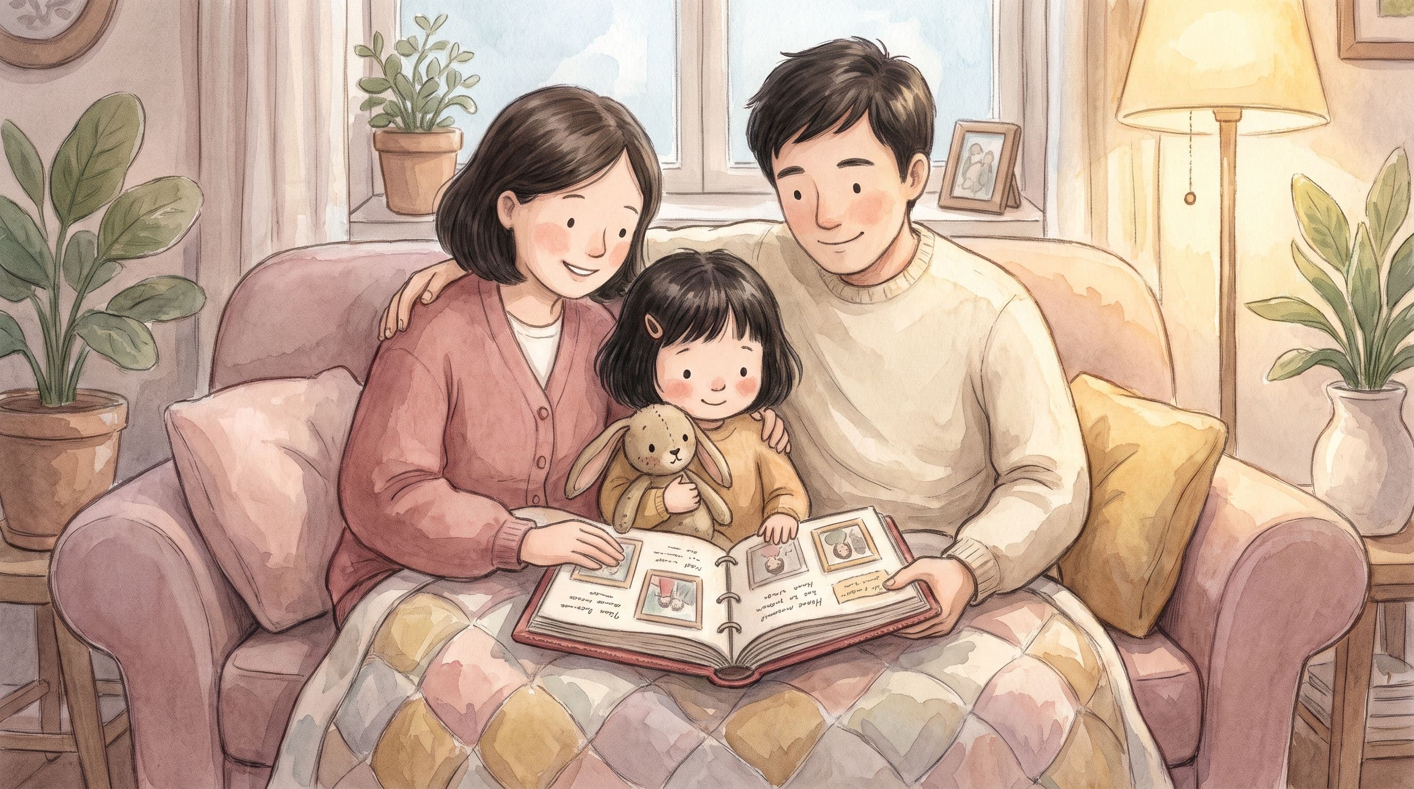A curious girl snuggling with her loving adoptive family looking at a photo album, with a stuffed rabbit, in a warm storybook illustration