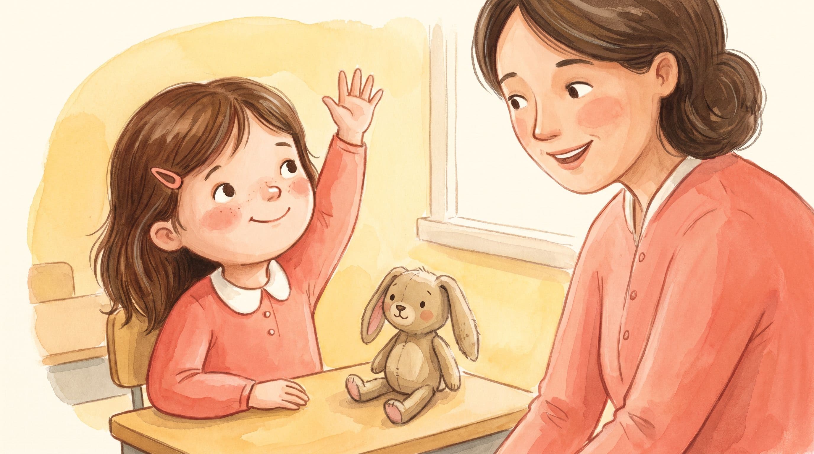 A brave girl raising her hand for the first time in class with a kind teacher and a stuffed rabbit, in a warm storybook illustration