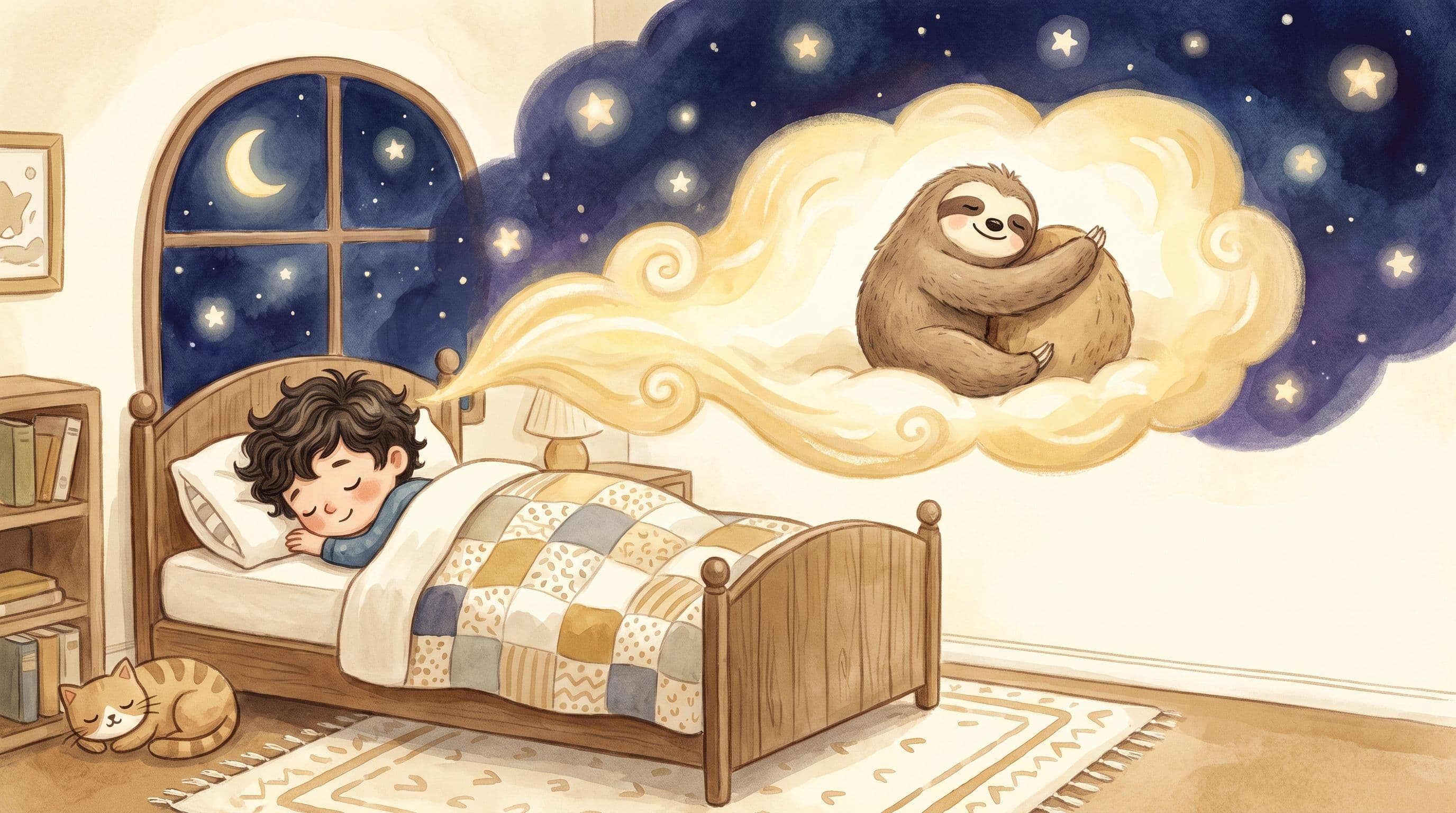 A boy sleeping peacefully with a happy dream glow and a stuffed sloth, in a warm storybook illustration