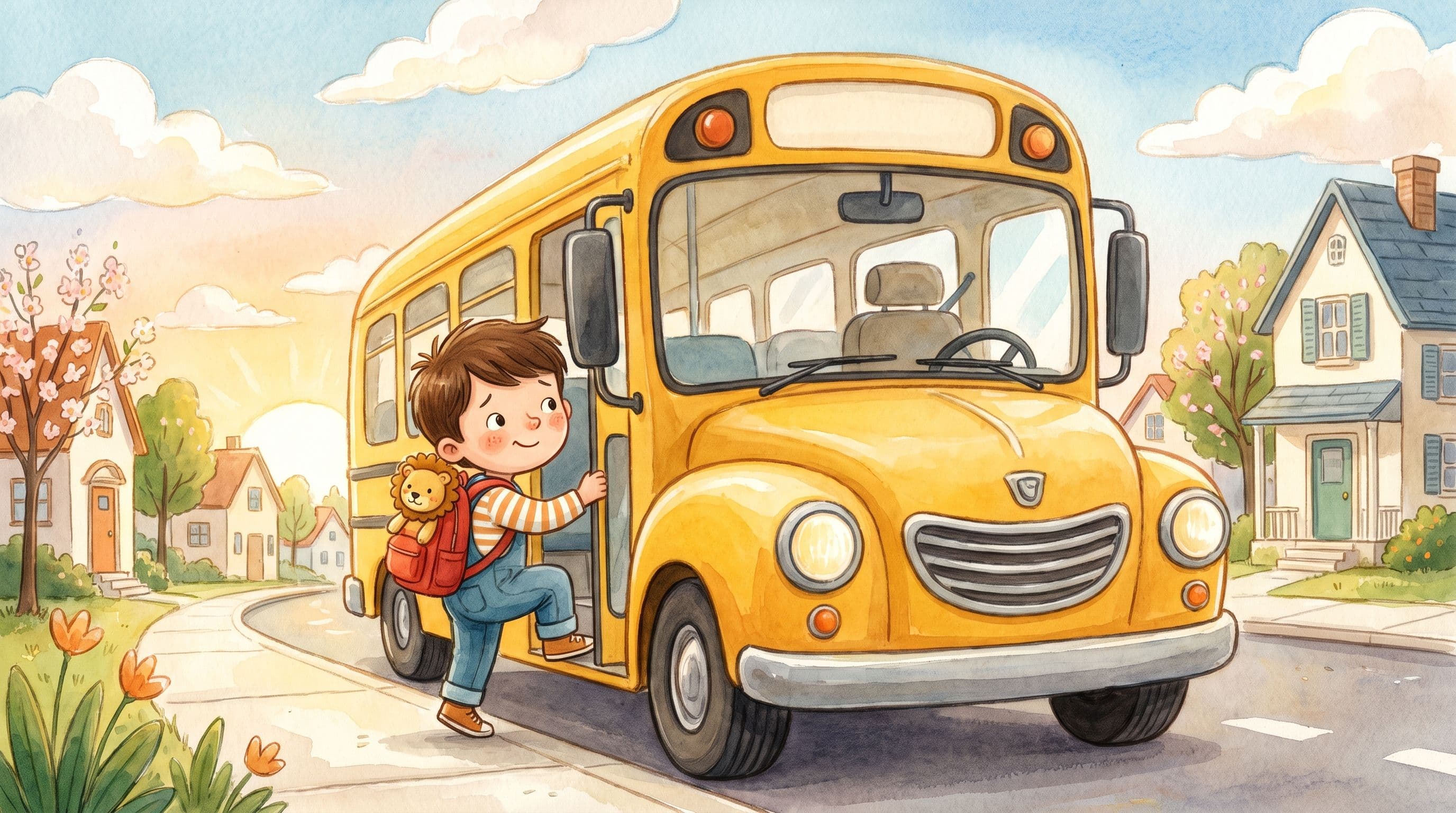 A brave boy stepping onto a yellow school bus with a stuffed lion in his backpack, in a warm storybook illustration