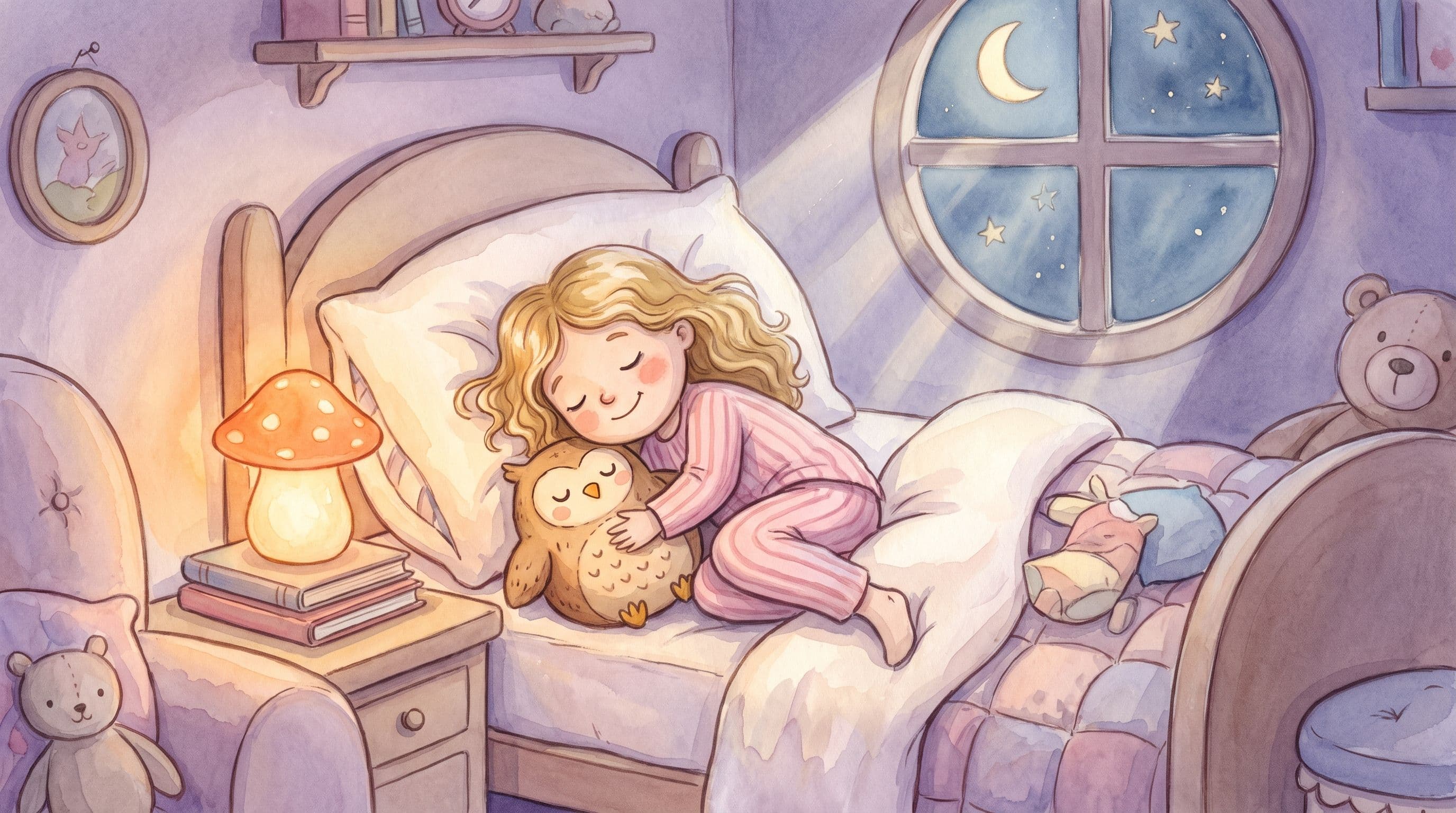 A little girl sleeping peacefully in her own cozy bedroom hugging a plush owl, in a gentle storybook illustration