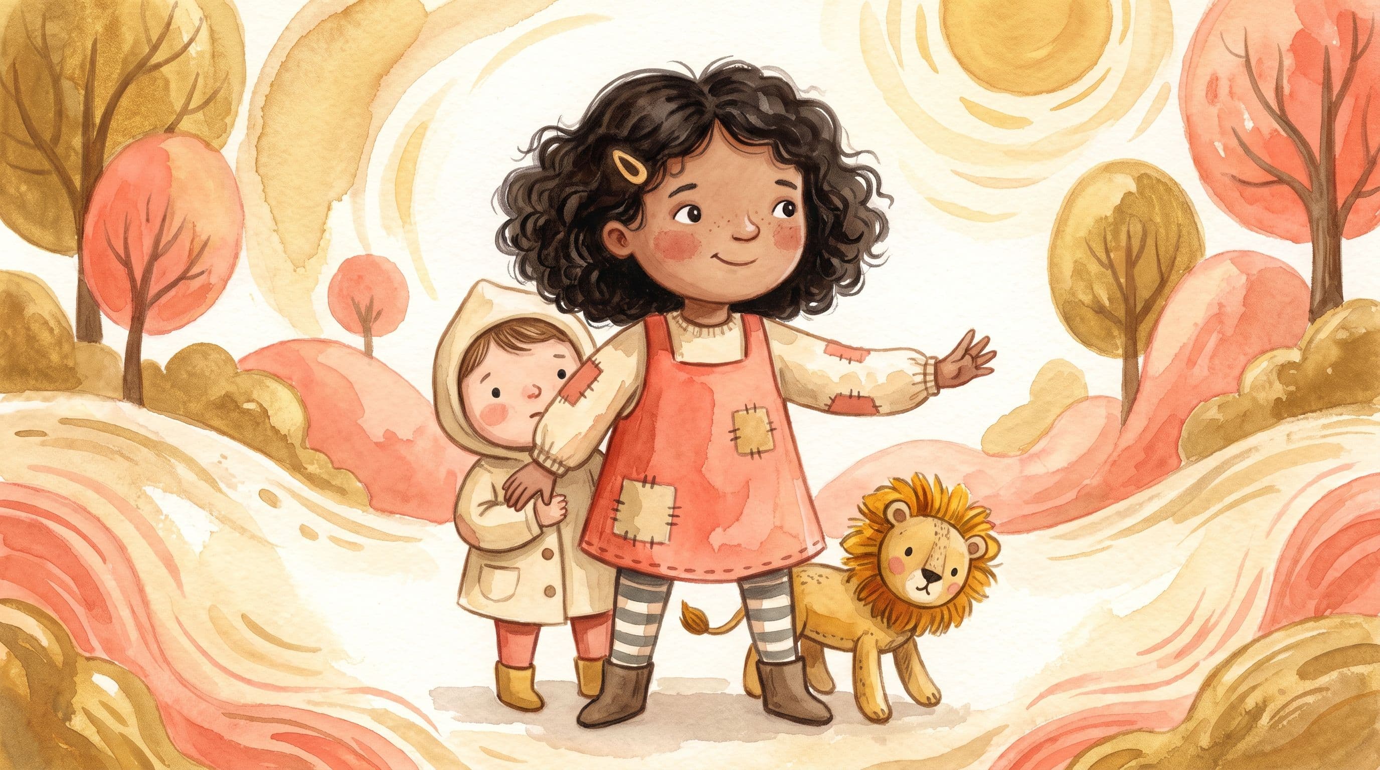 A brave kind girl standing protectively beside a smaller child with a stuffed lion, in a warm storybook illustration