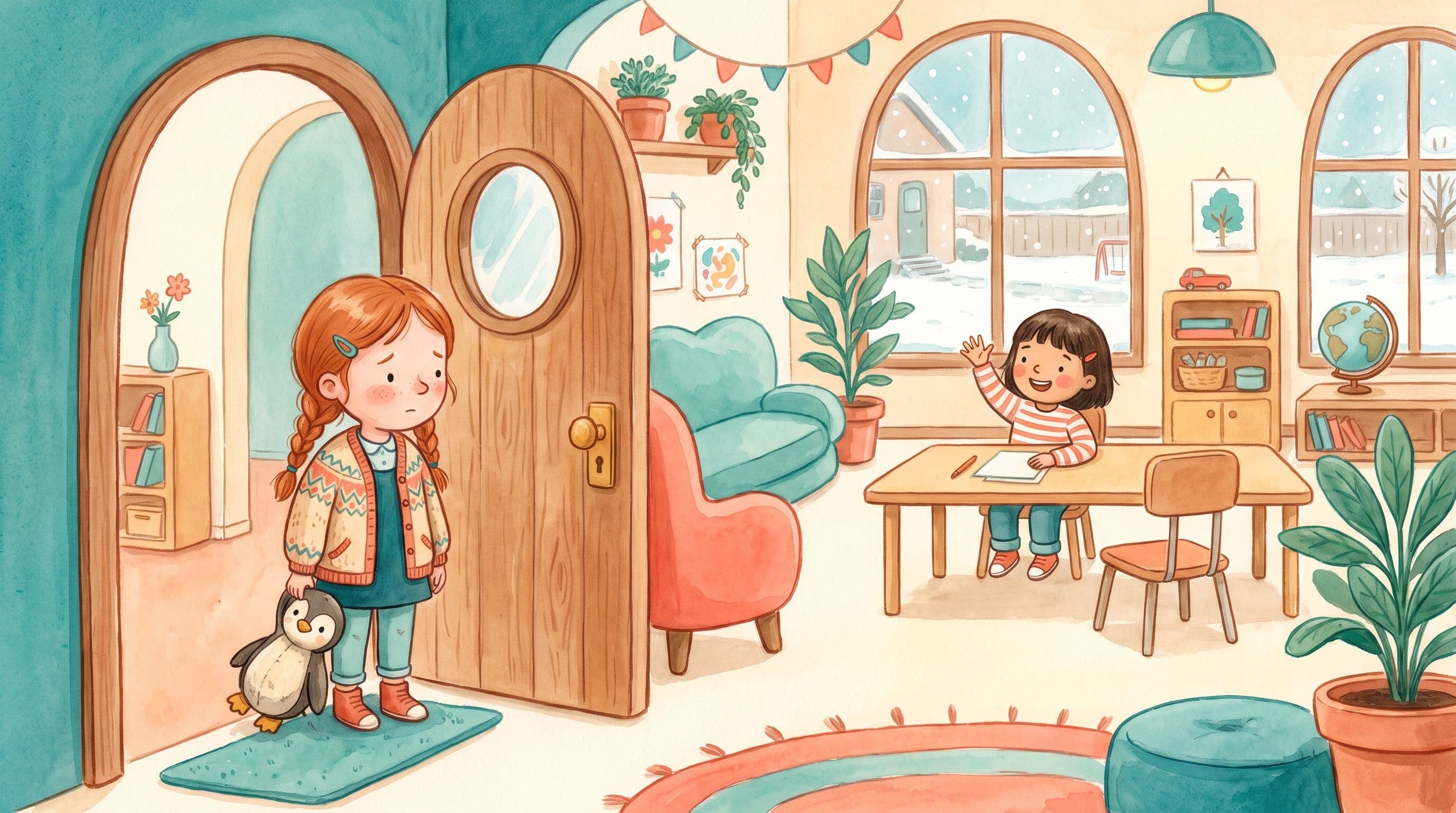 A girl arriving at a new classroom mid-year as a friendly classmate waves her over, holding a stuffed penguin, in a warm storybook illustration