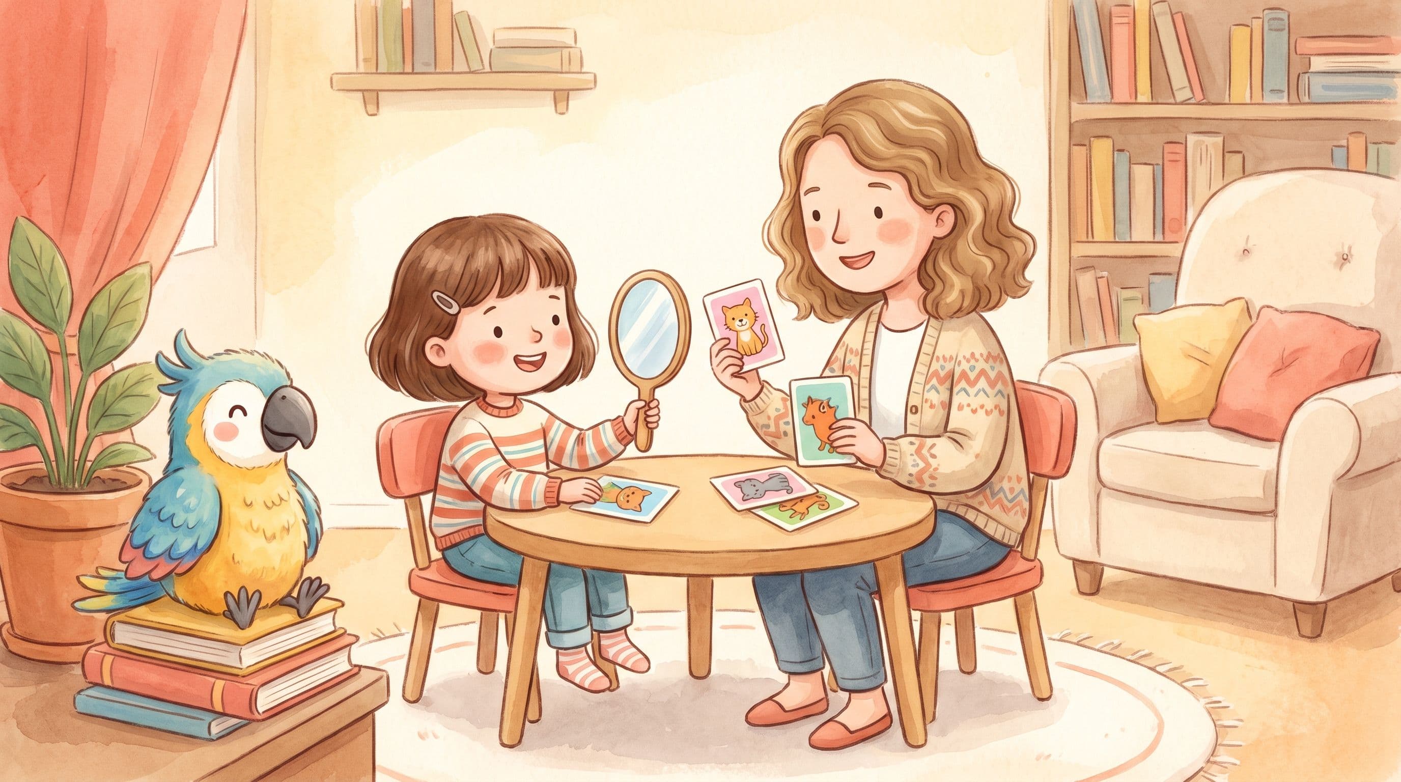 A happy girl practicing sounds with a friendly speech therapist and a stuffed parrot, in a warm storybook illustration