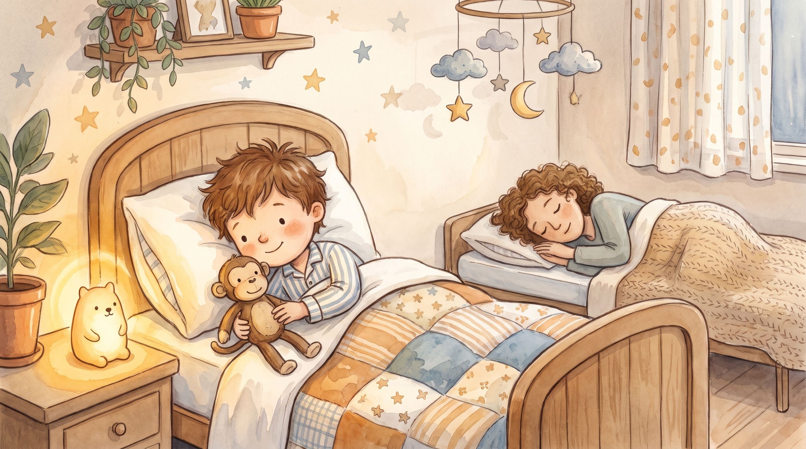 A calm boy in a hospital bed at night with a parent sleeping on a cot nearby and a stuffed monkey, in a warm storybook illustration