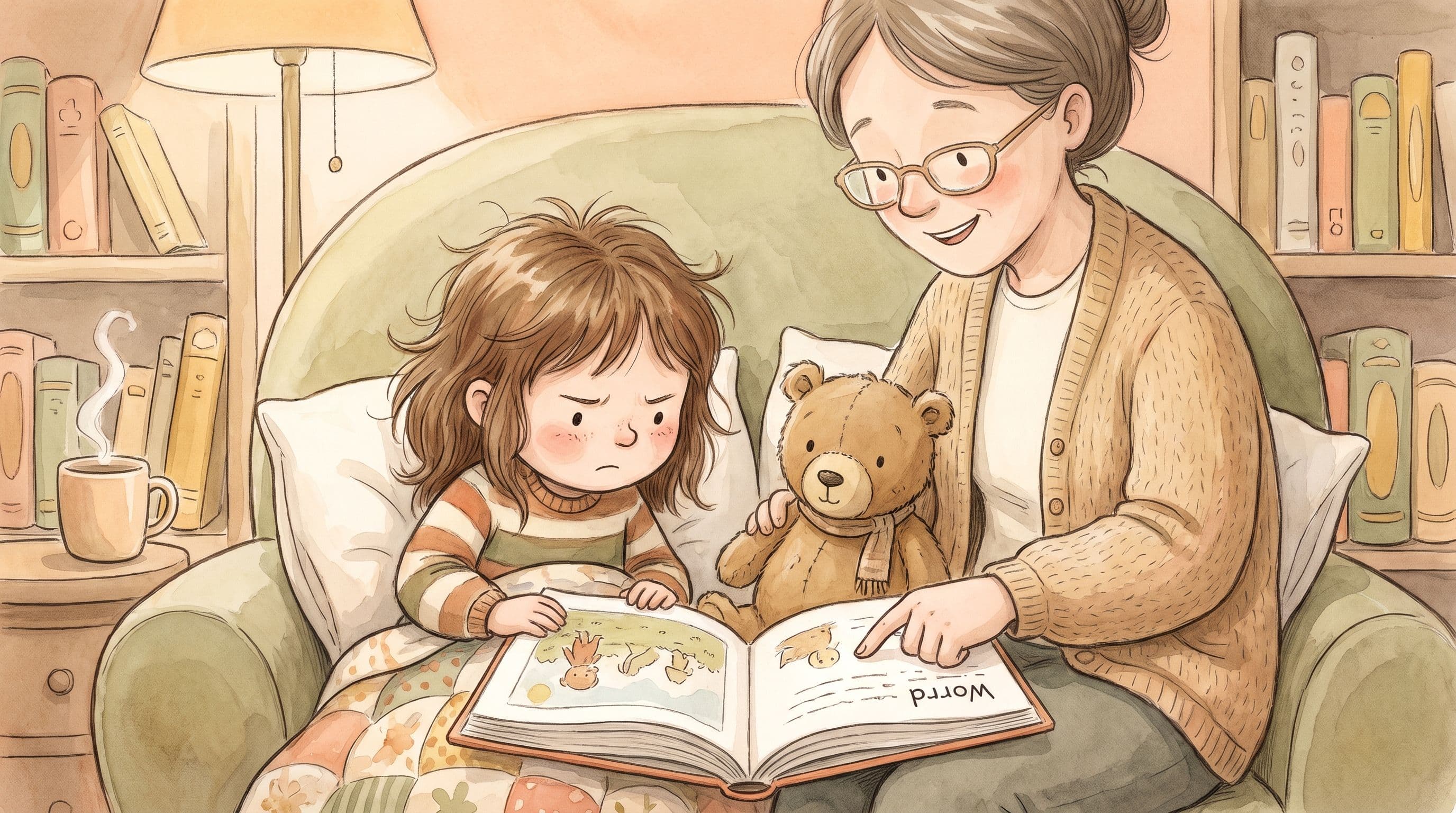 A determined girl patiently sounding out a word with an encouraging grown-up and a stuffed bear, in a warm storybook illustration