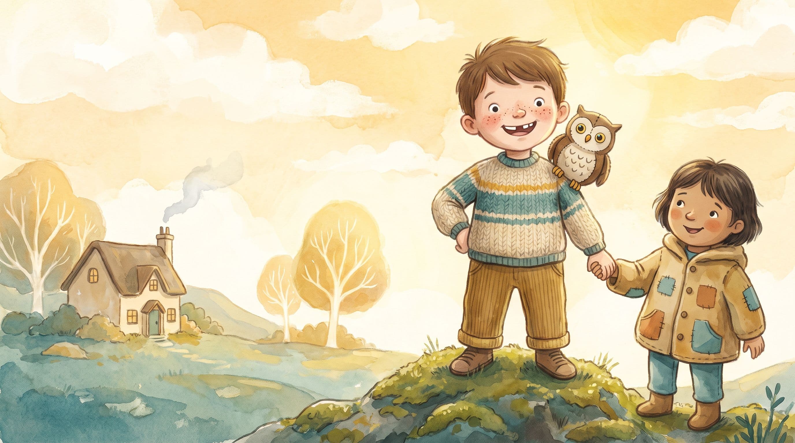 A confident proud boy with a unique feature standing tall with a supportive friend and a stuffed owl, in a warm storybook illustration
