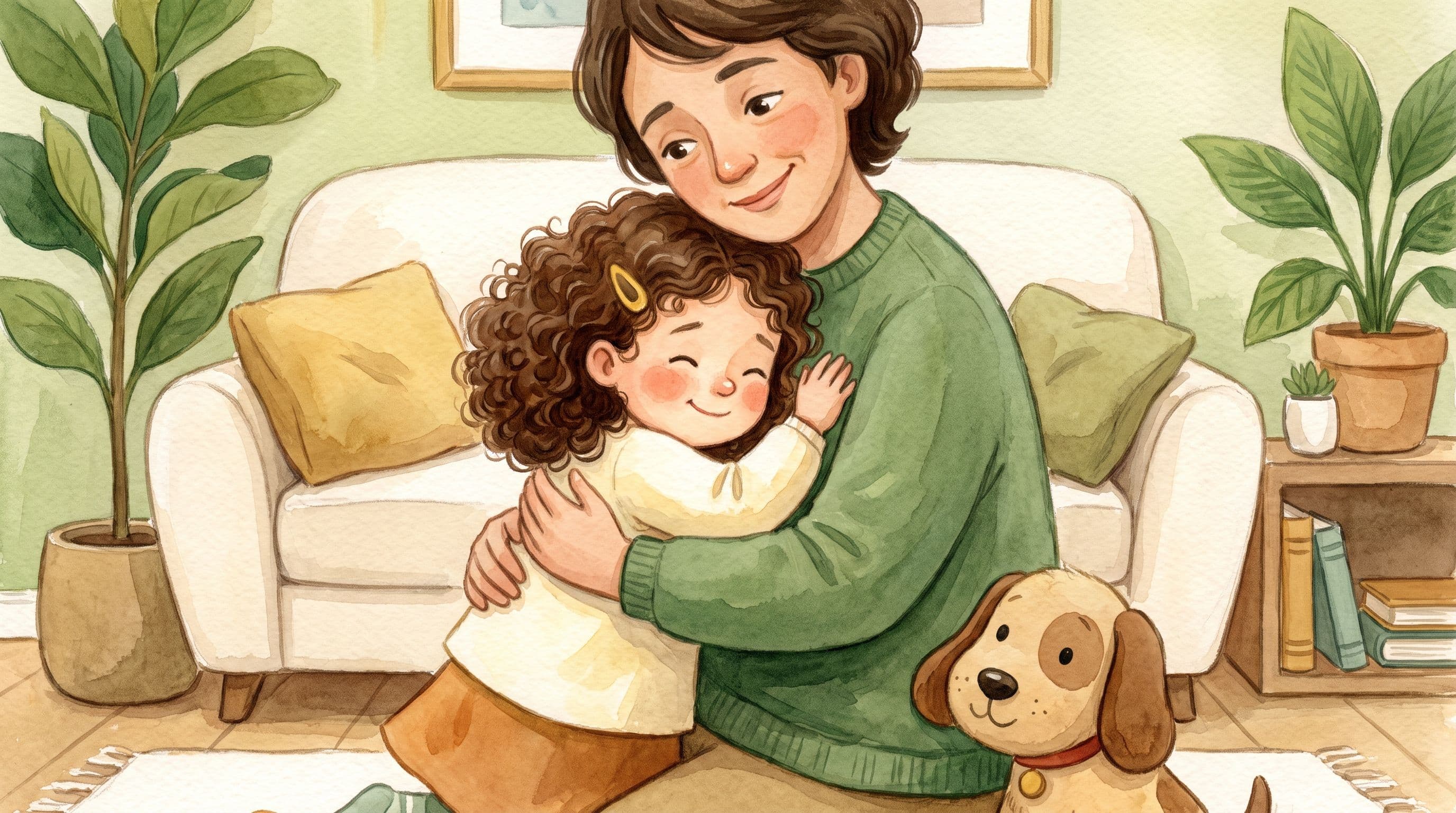 A girl honestly telling the truth to an understanding parent who hugs her, with a stuffed dog, in a warm storybook illustration