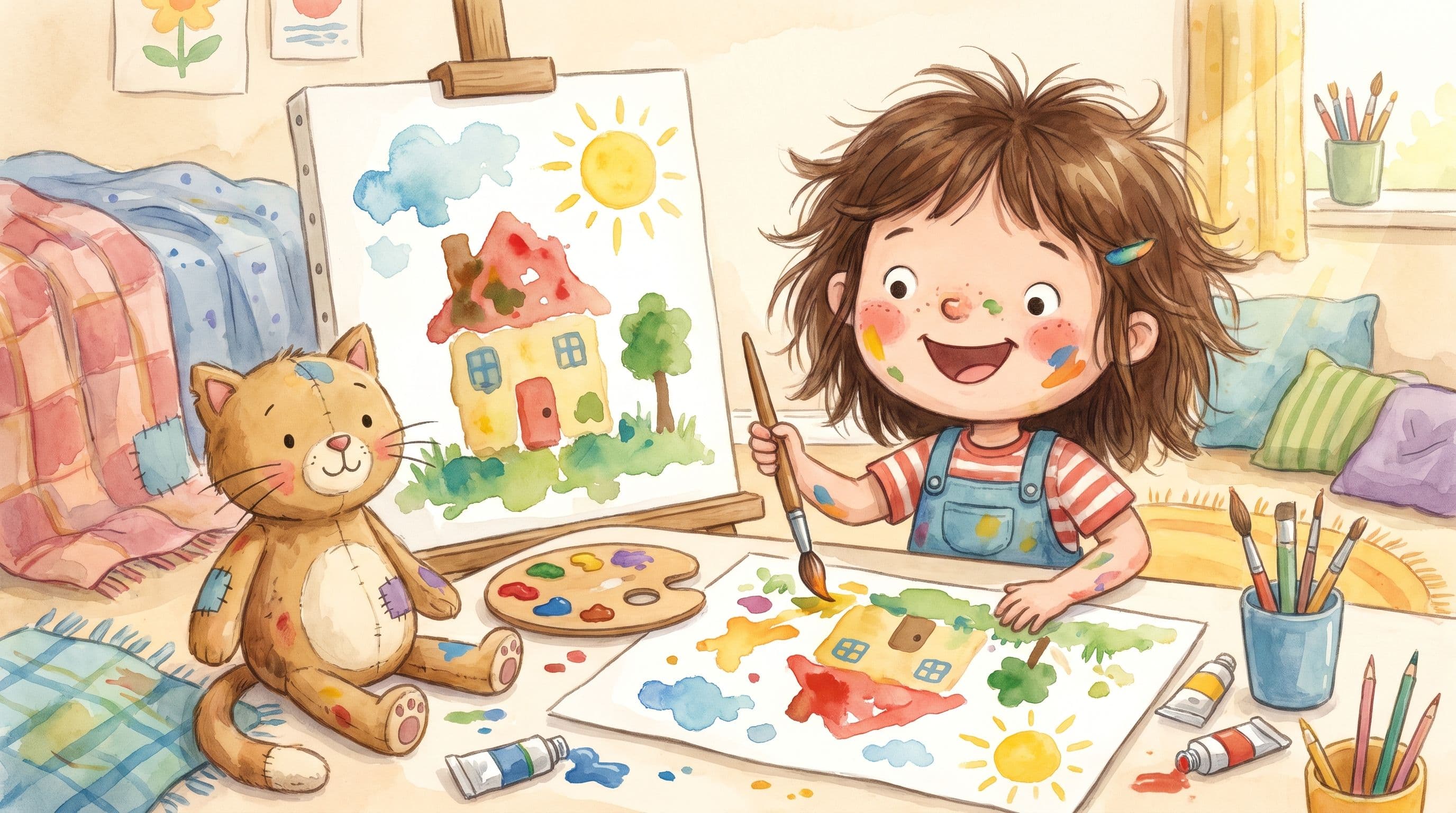A girl happily painting a joyfully imperfect picture and smiling, with a stuffed cat, in a warm storybook illustration