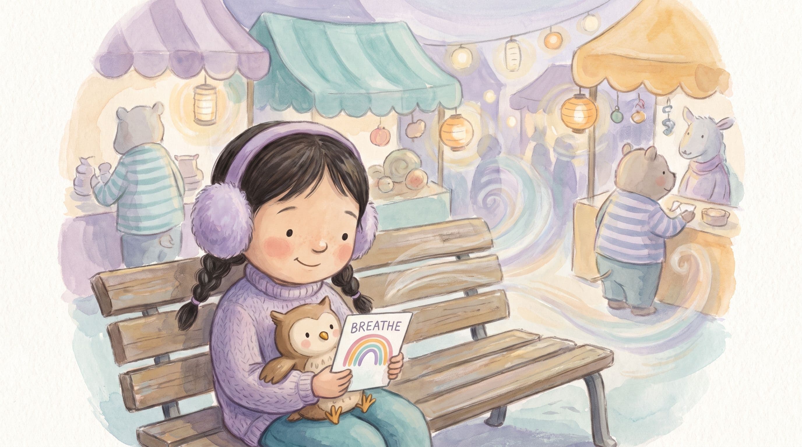 A girl staying calm in a busy place using ear-protection headphones and a calm-down card with a stuffed owl, in a warm storybook illustration