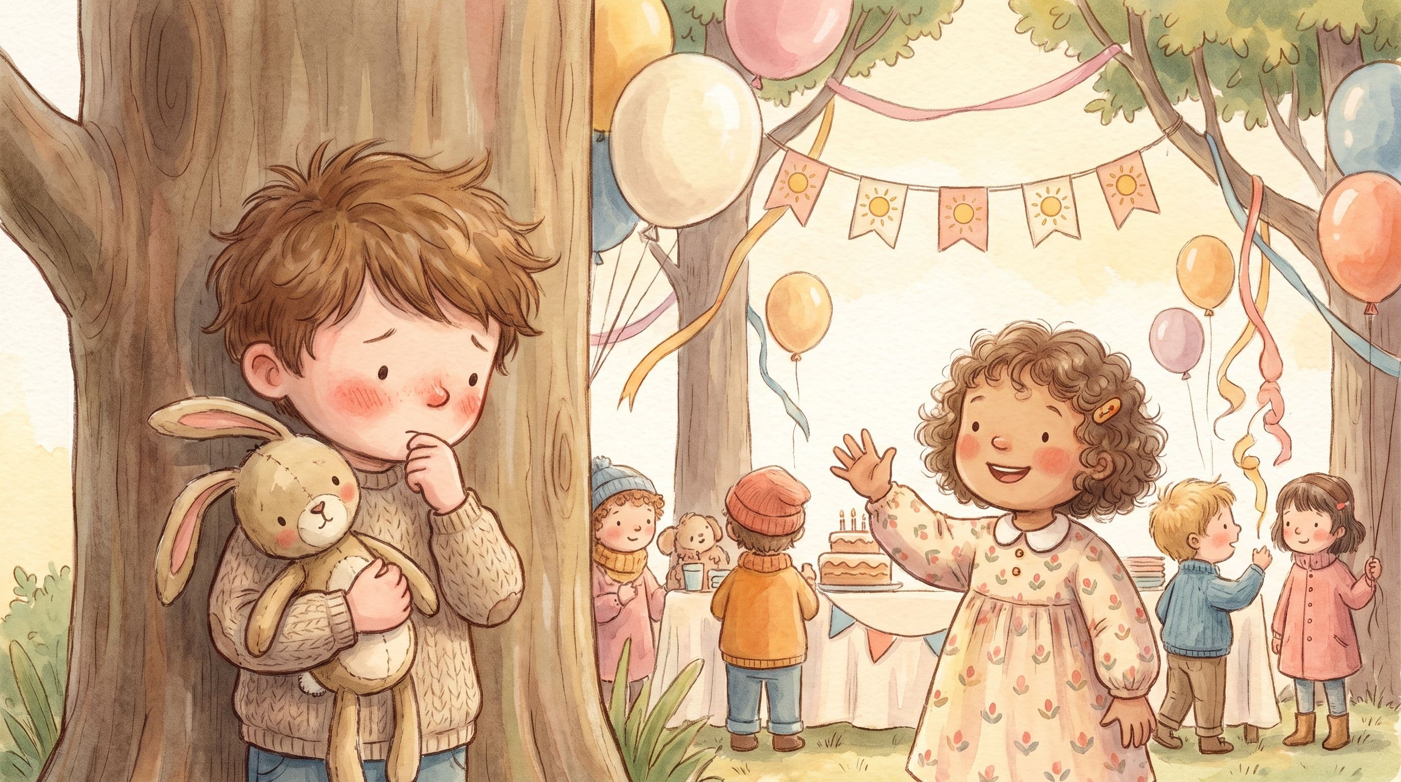 A shy boy at the edge of a birthday party being gently welcomed in, holding a stuffed rabbit, in a warm storybook illustration