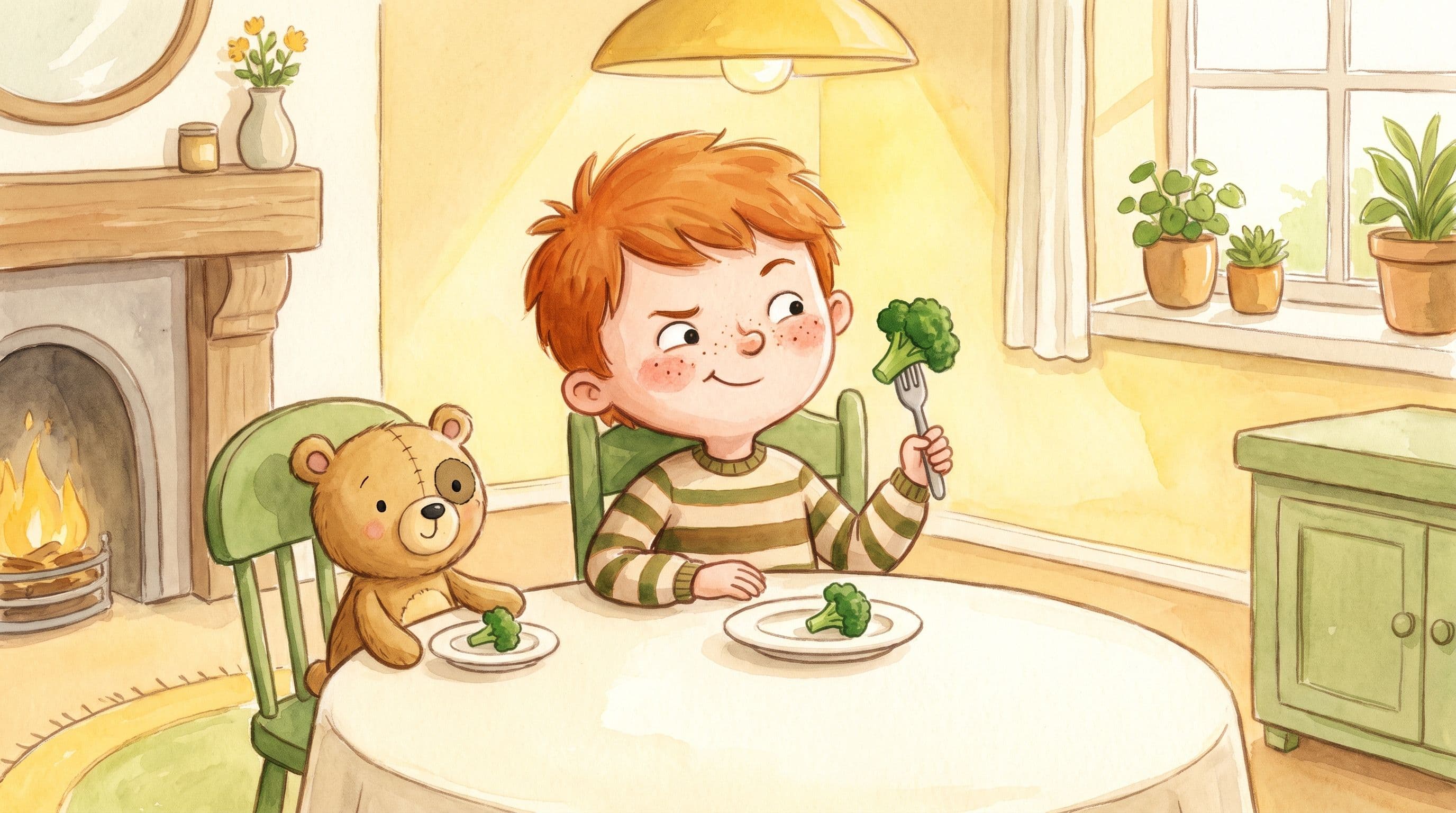 A curious boy bravely eyeing a piece of broccoli on his fork at the table with a stuffed bear, in a warm storybook illustration