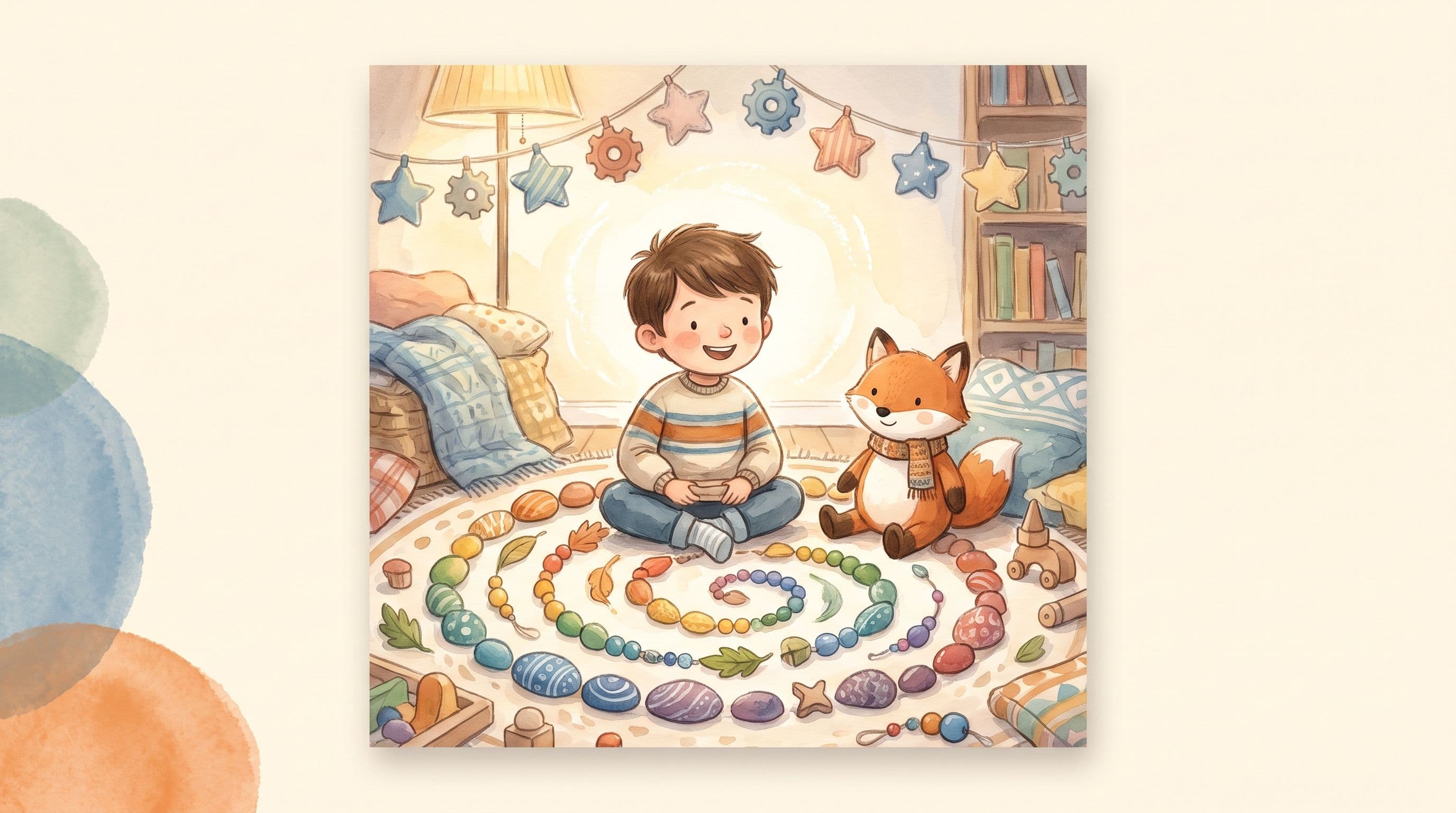A joyful boy happily absorbed in a special interest arranging colorful objects, celebrated, with a stuffed fox, in a warm storybook illustration
