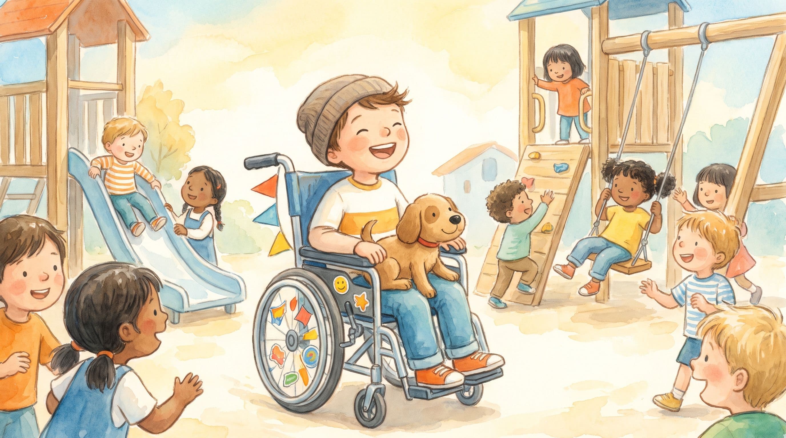 A joyful boy who uses a decorated wheelchair playing happily and included with friends, a stuffed dog on his lap, in a warm storybook illustration