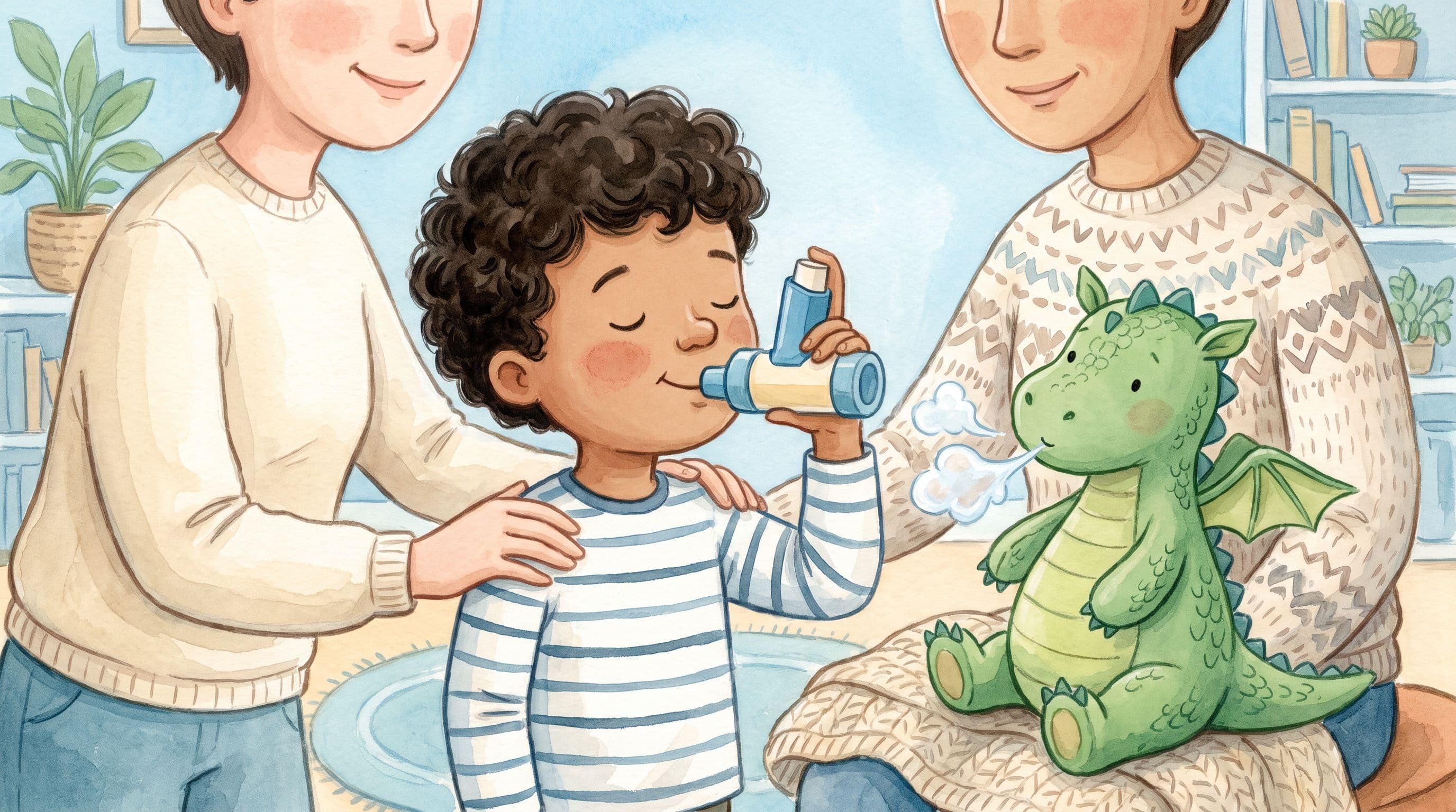 A calm boy using an asthma inhaler with a spacer and a stuffed dragon, in a warm storybook illustration