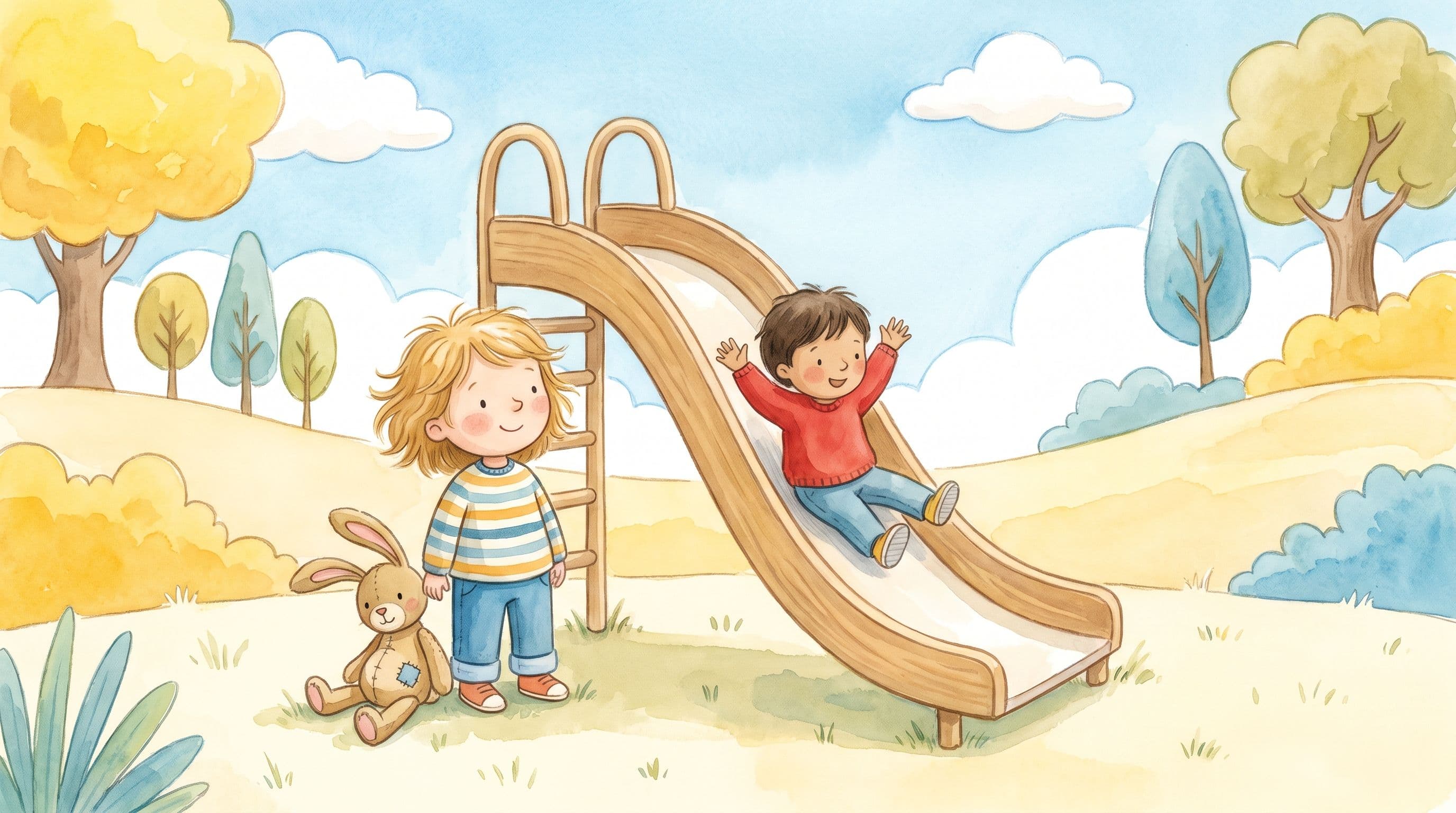 A girl waiting patiently for her turn on a slide with a stuffed rabbit, in a warm storybook illustration