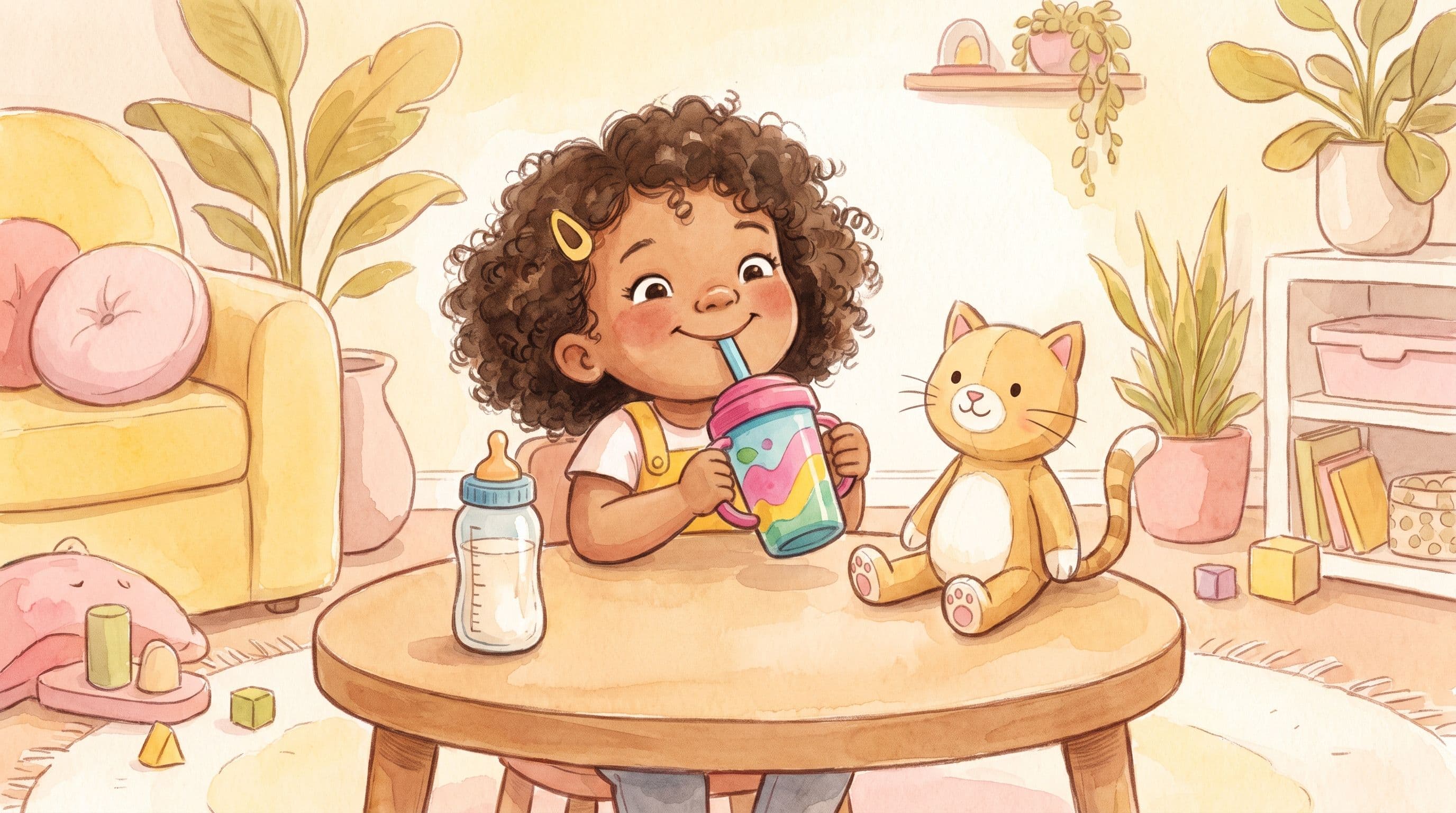 A proud girl drinking from a big-kid cup with her baby bottle set aside and a stuffed cat, in a warm storybook illustration