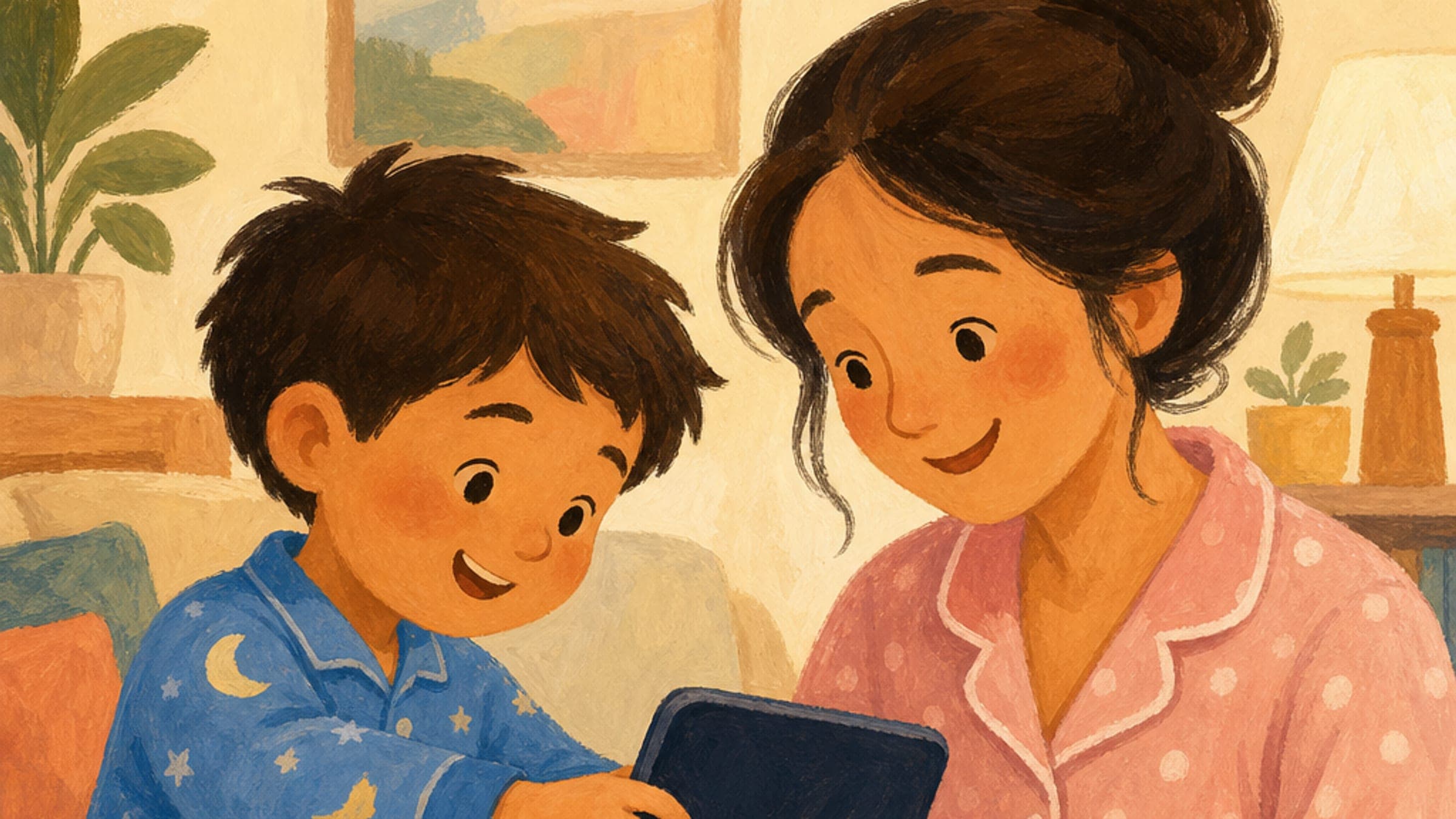 A young child in pajamas placing a tablet into a basket held by a smiling kneeling parent, in a warm storybook illustration