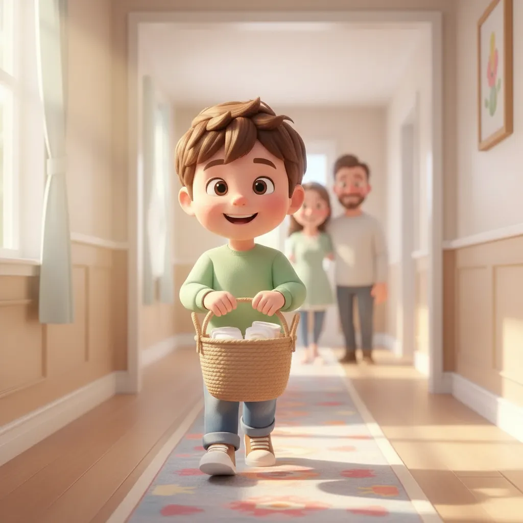 An everyday family moment transformed into a colorful illustrated story scene