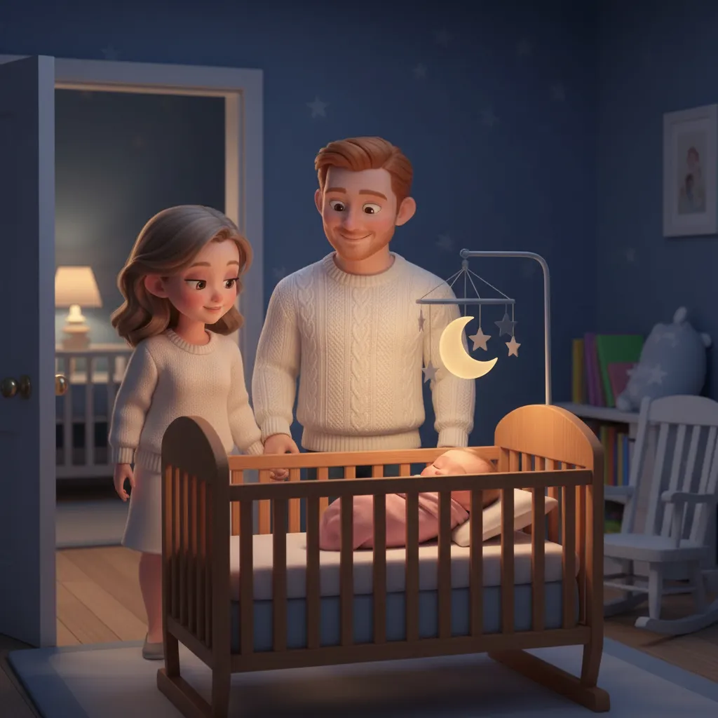 A calm illustrated bedtime scene for a family storytelling routine